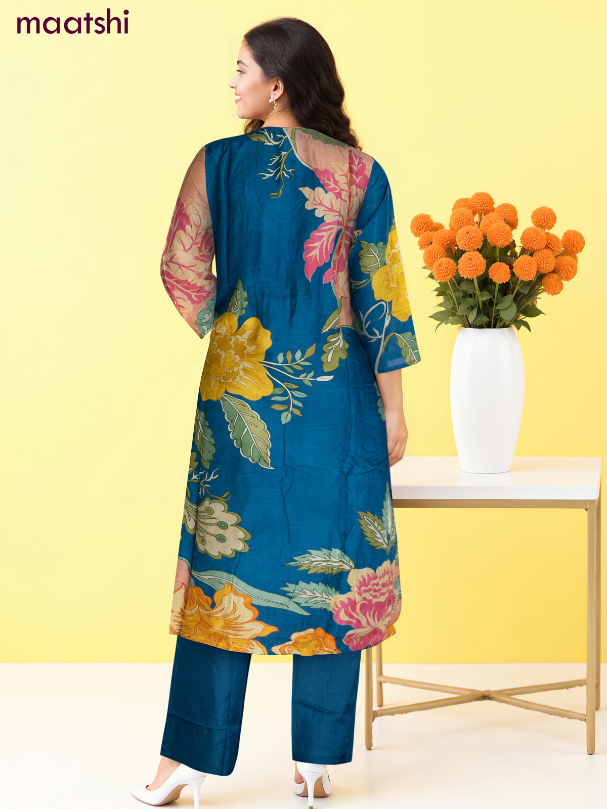 Muslin salwar suit peacock blue with allover floral prints & zardosi work and straight cut pant & dupatta