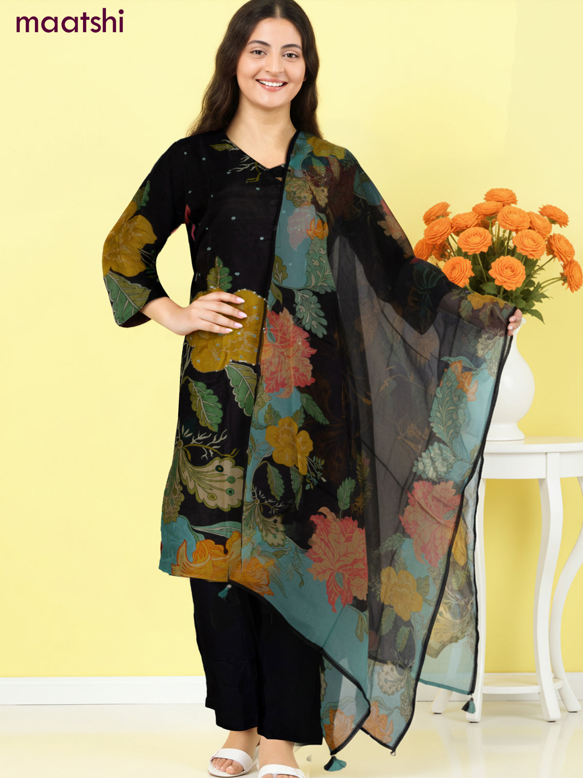Muslin salwar suit black with allover floral prints & zardosi work and straight cut pant & dupatta