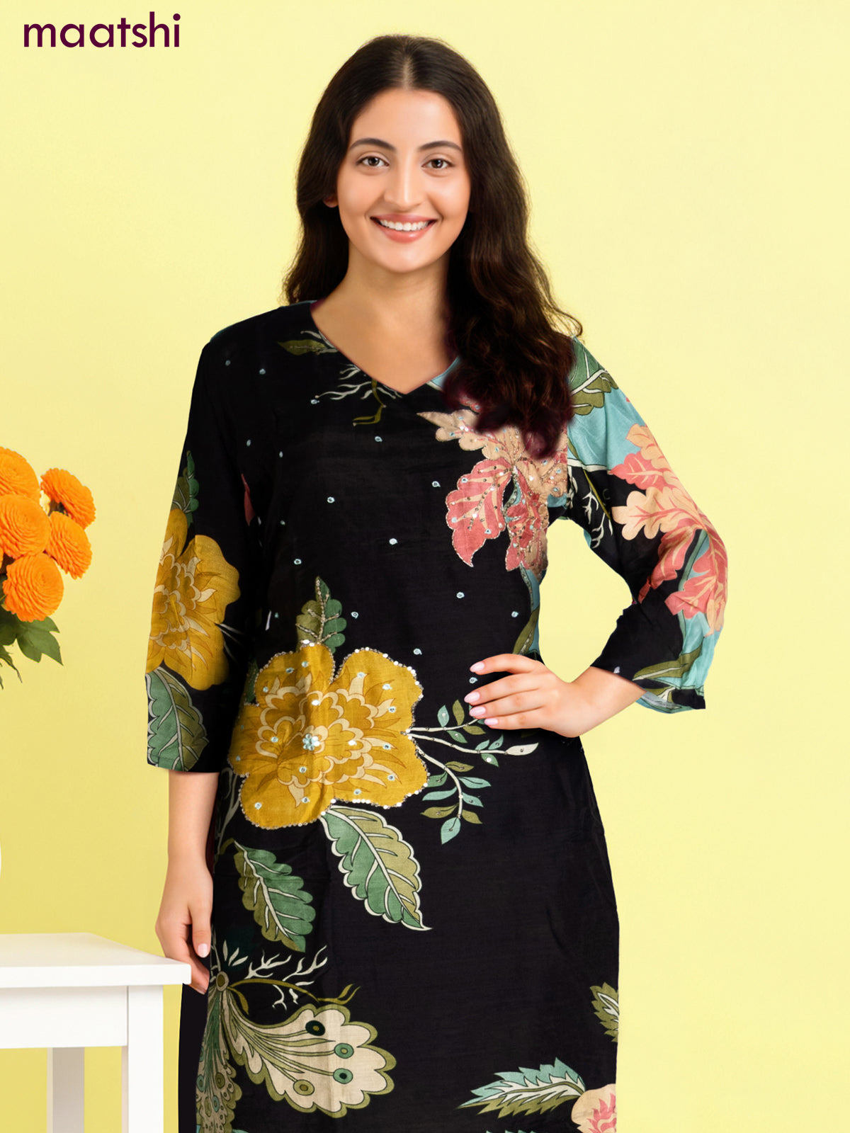 Muslin salwar suit black with allover floral prints & zardosi work and straight cut pant & dupatta