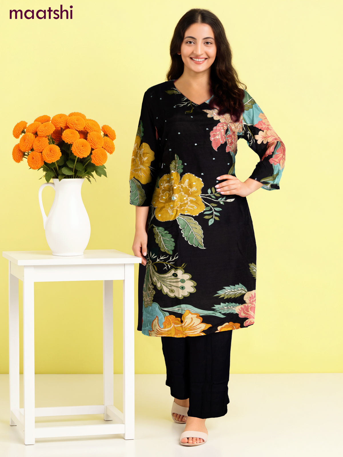Muslin salwar suit black with allover floral prints & zardosi work and straight cut pant & dupatta