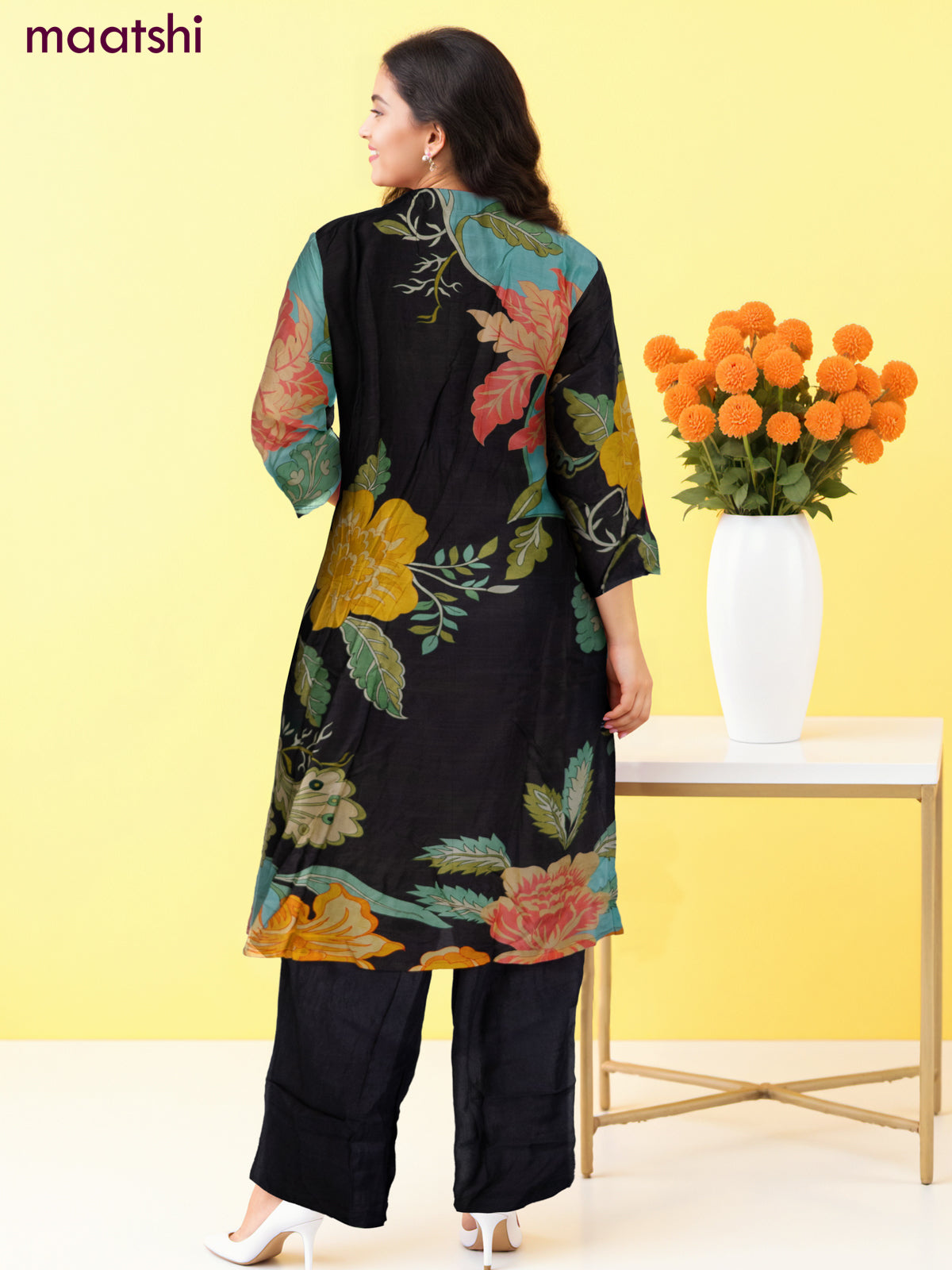 Muslin salwar suit black with allover floral prints & zardosi work and straight cut pant & dupatta