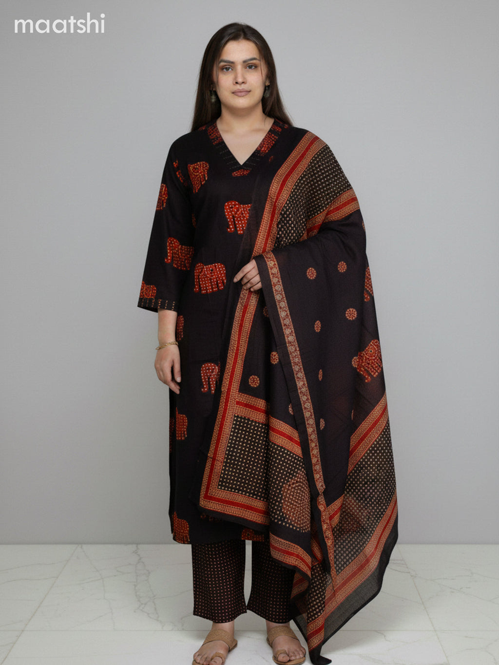 Black and Rustic Maroon Cotton Elephant Butta Printed Straight Suit