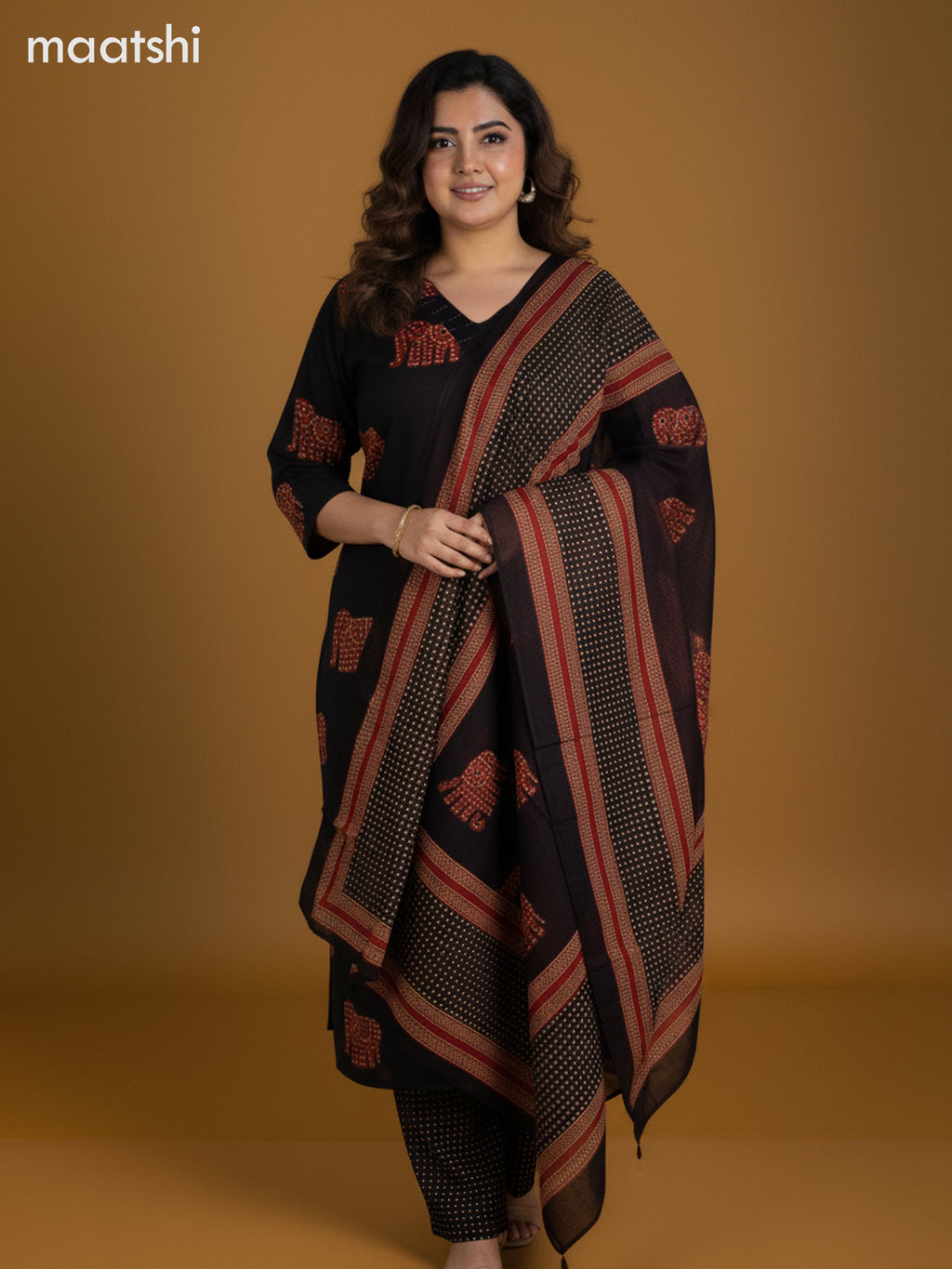 Black and Rustic Maroon Cotton Elephant Butta Printed Straight Suit