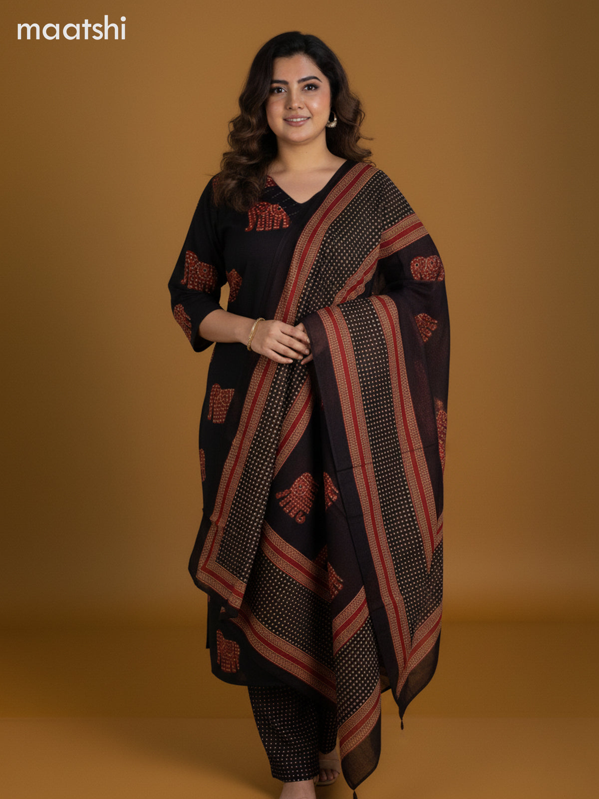 Black and Rustic Maroon Cotton Elephant Butta Printed Straight Suit