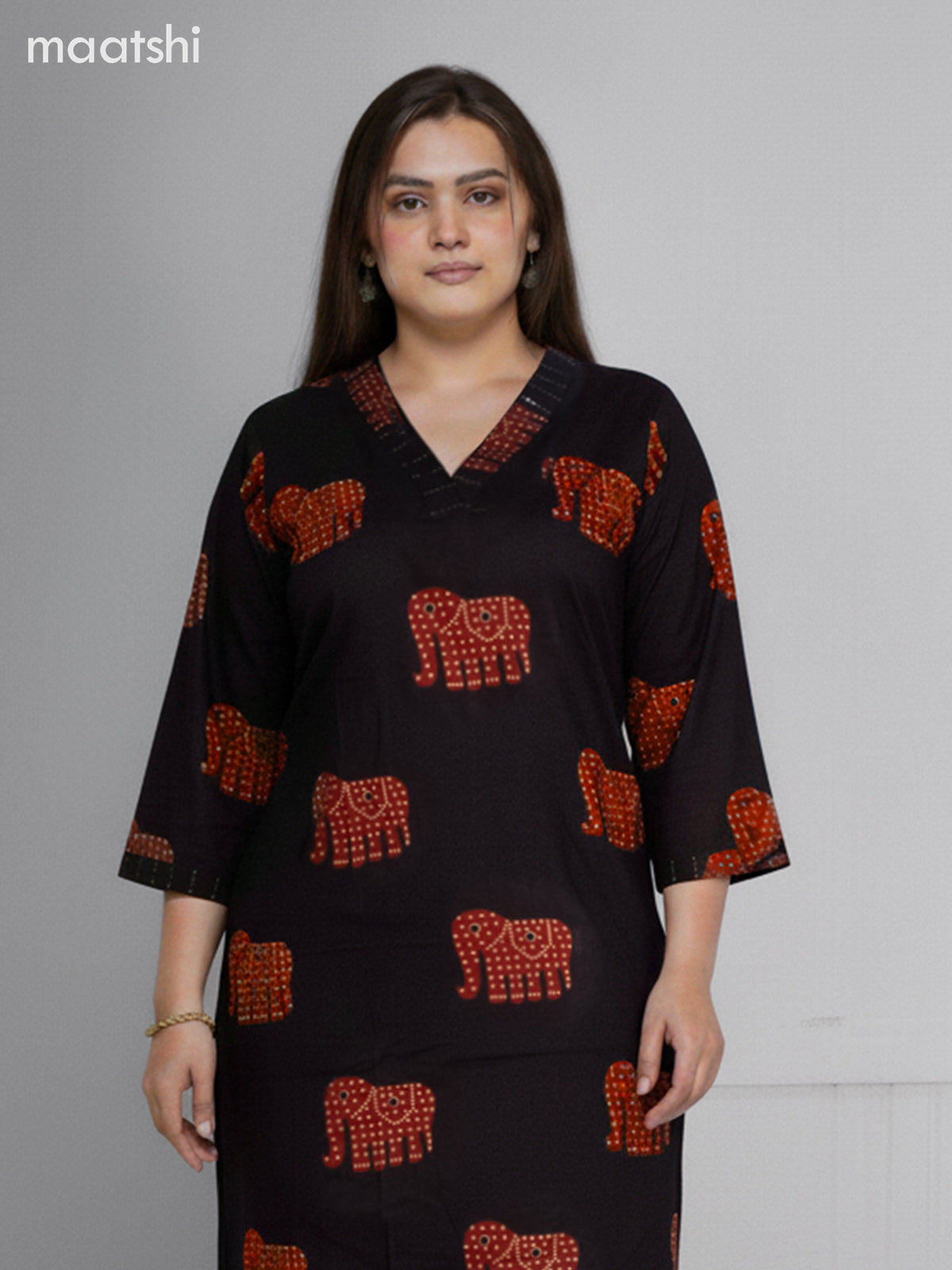 Black and Rustic Maroon Cotton Elephant Butta Printed Straight Suit