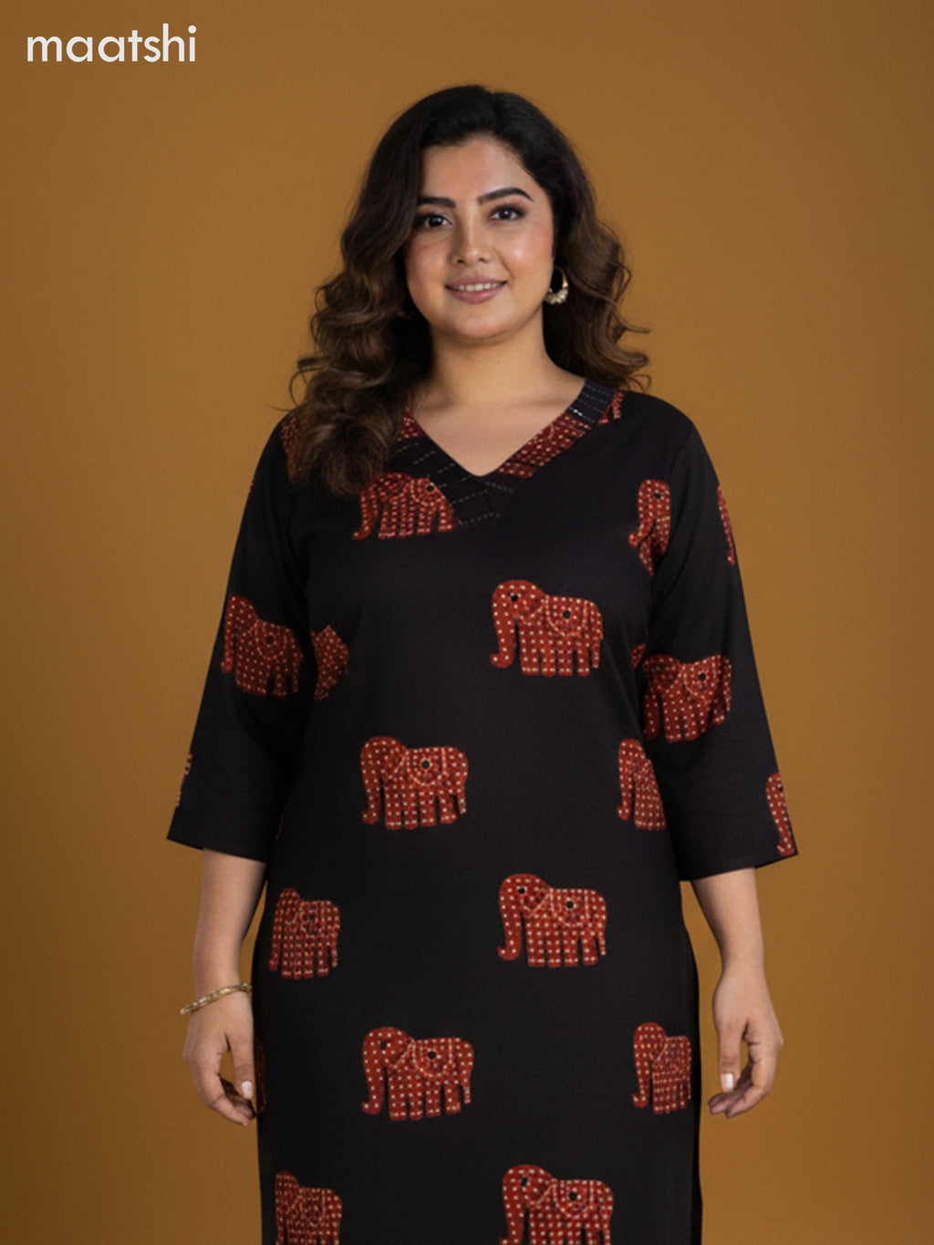 Black and Rustic Maroon Cotton Elephant Butta Printed Straight Suit