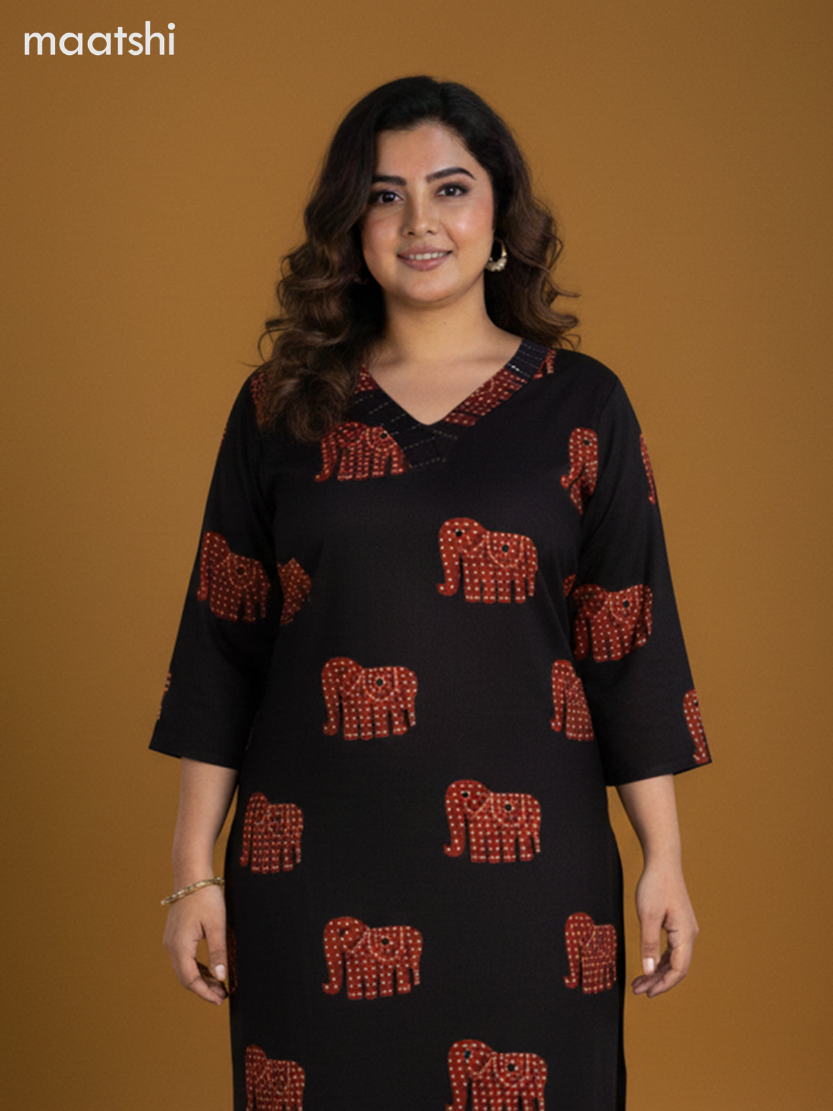 Black and Rustic Maroon Cotton Elephant Butta Printed Straight Suit