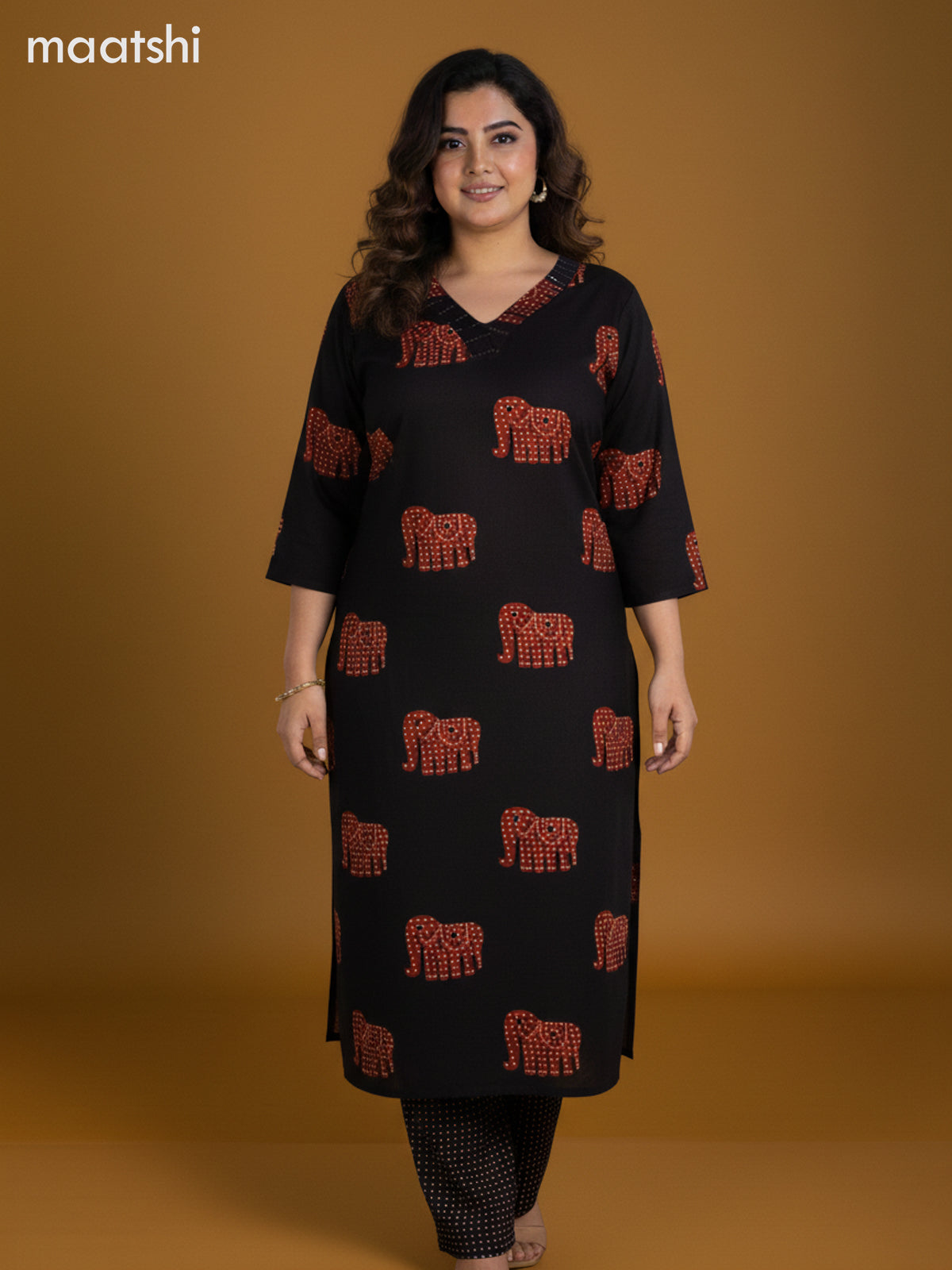 Black and Rustic Maroon Cotton Elephant Butta Printed Straight Suit