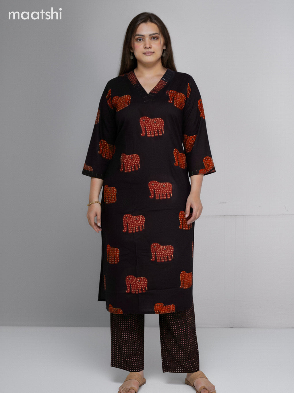Black and Rustic Maroon Cotton Elephant Butta Printed Straight Suit