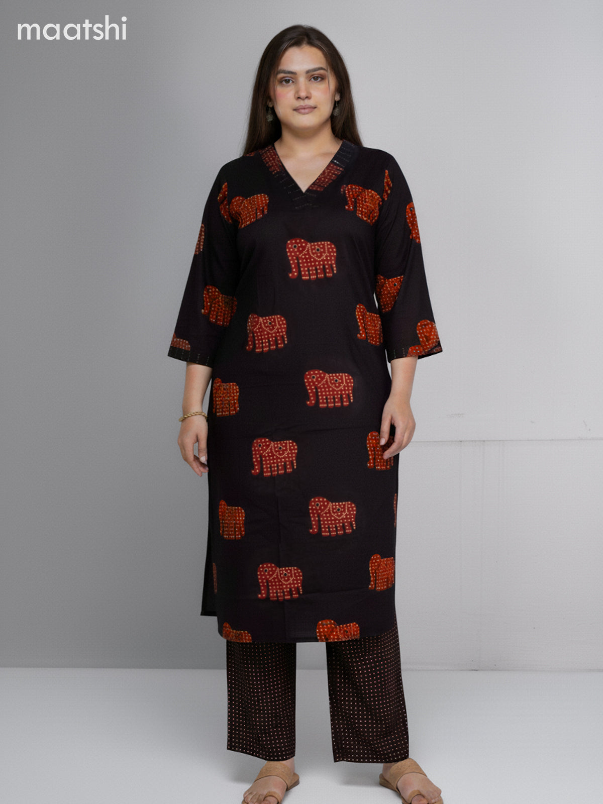 Black and Rustic Maroon Cotton Elephant Butta Printed Straight Suit