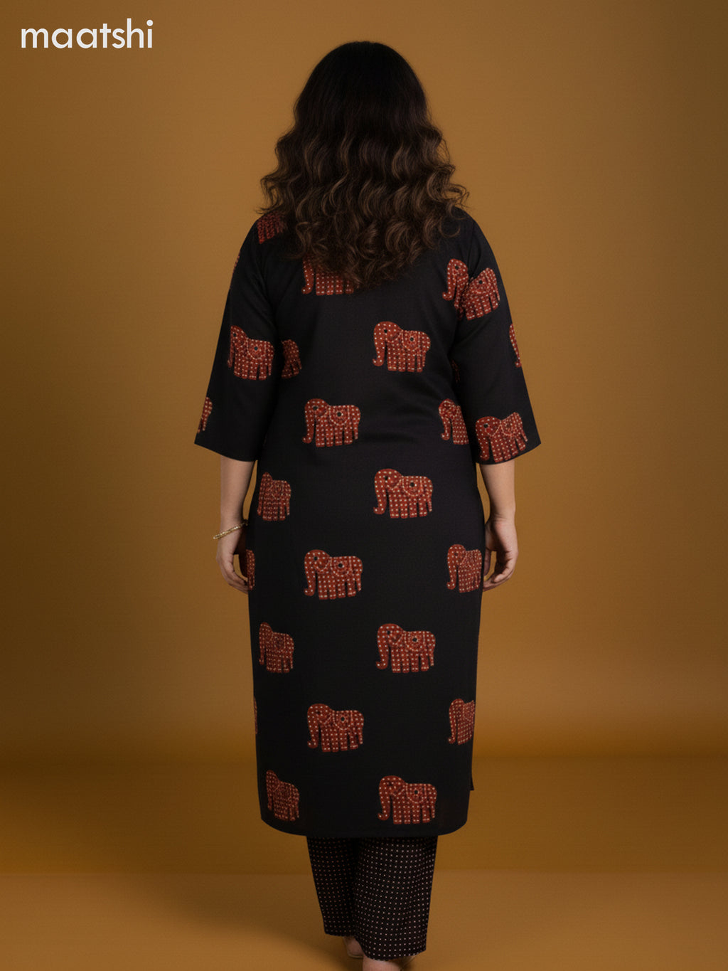 Black and Rustic Maroon Cotton Elephant Butta Printed Straight Suit