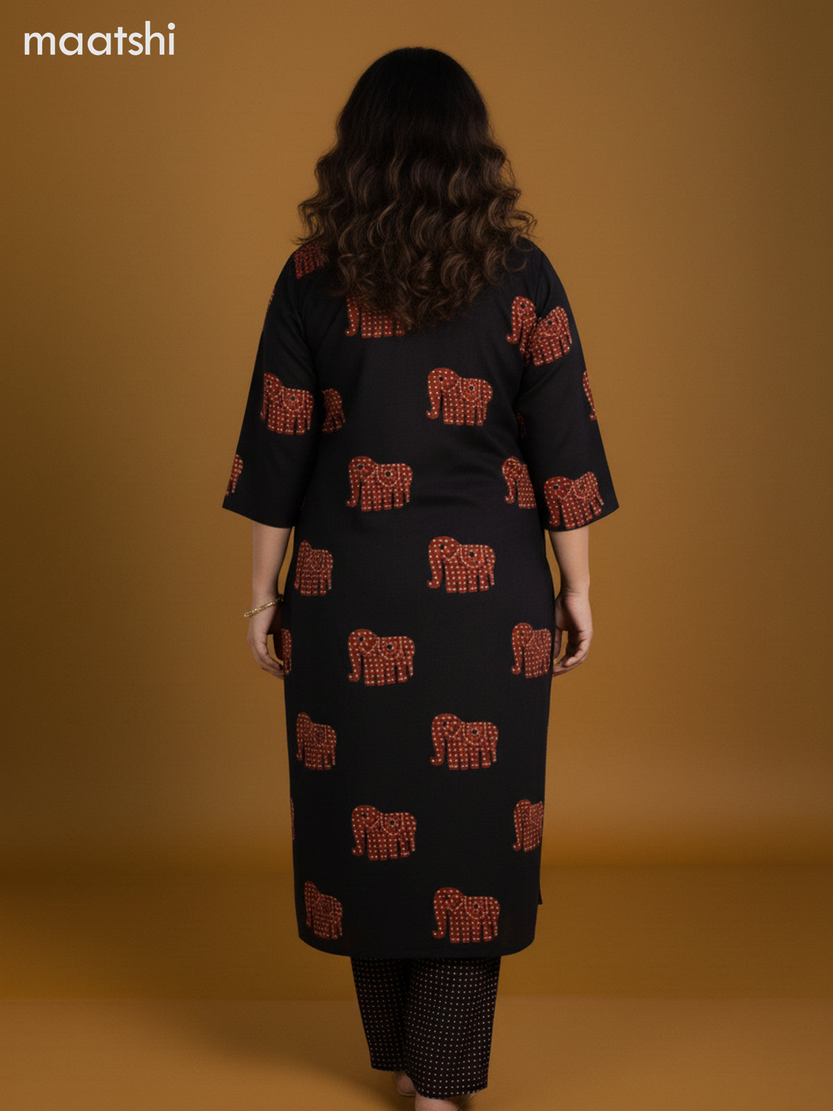 Black and Rustic Maroon Cotton Elephant Butta Printed Straight Suit