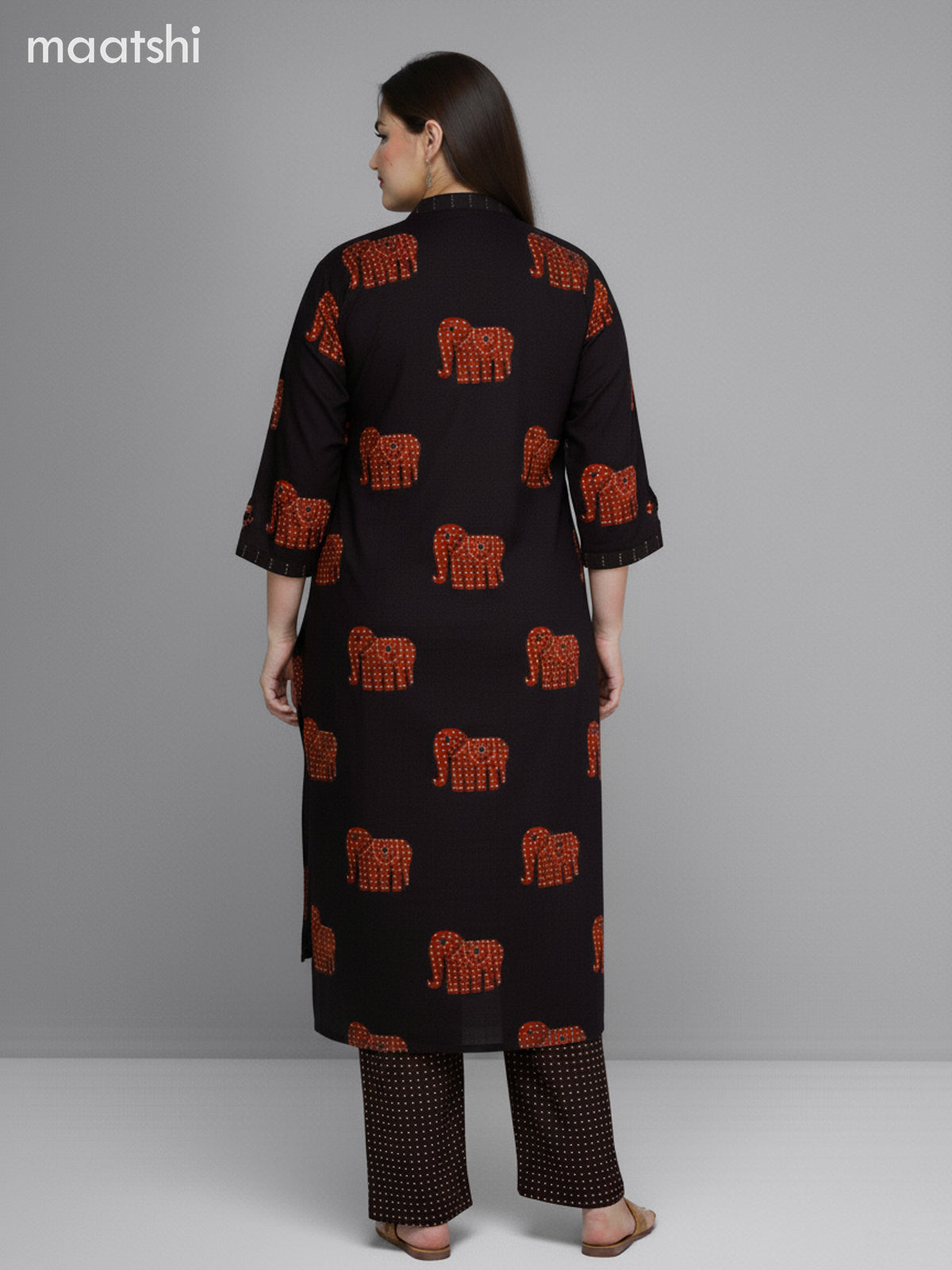 Black and Rustic Maroon Cotton Elephant Butta Printed Straight Suit