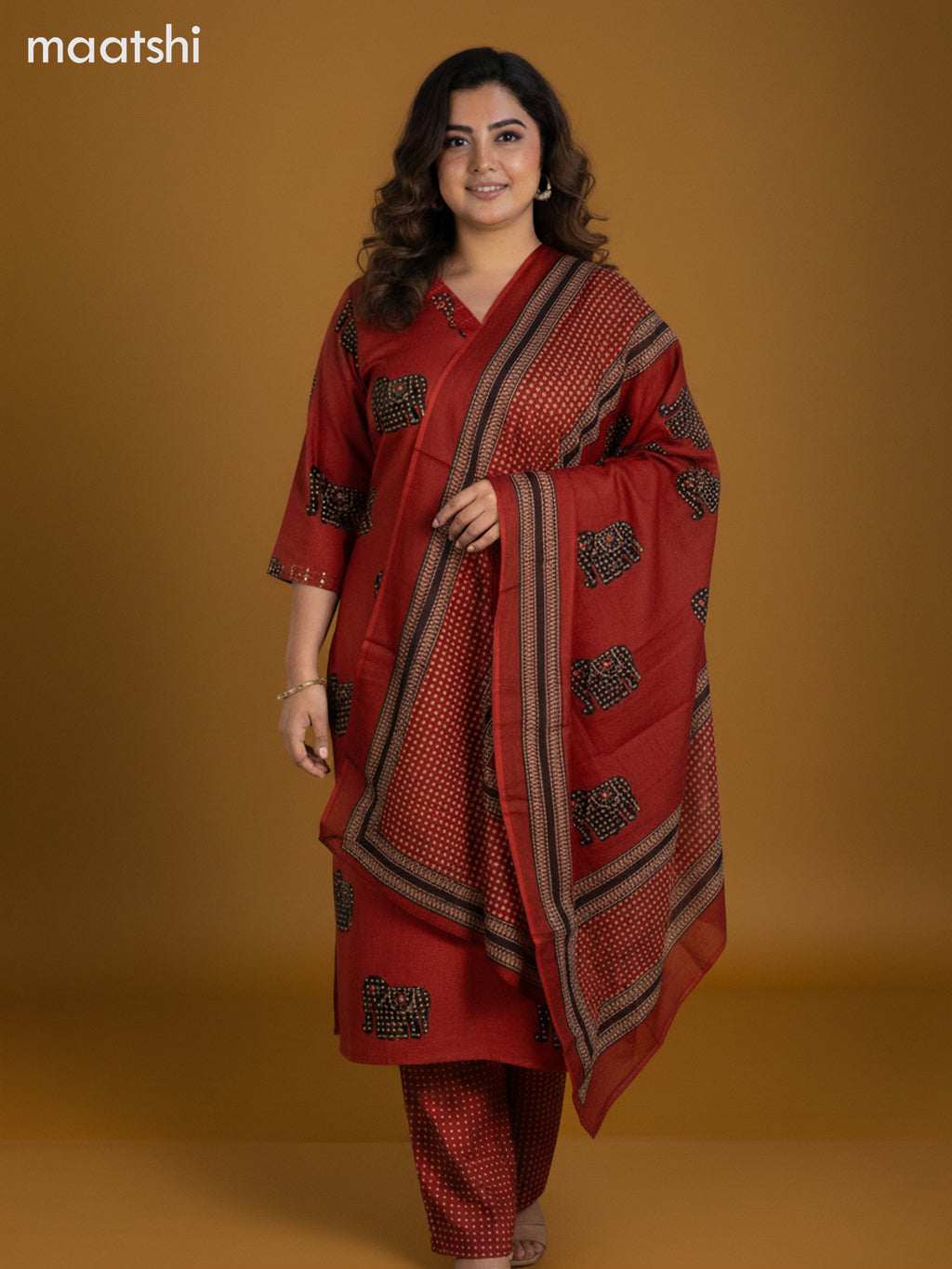 Rustic Maroon and Black Cotton Elephant Butta Printed Straight Suit