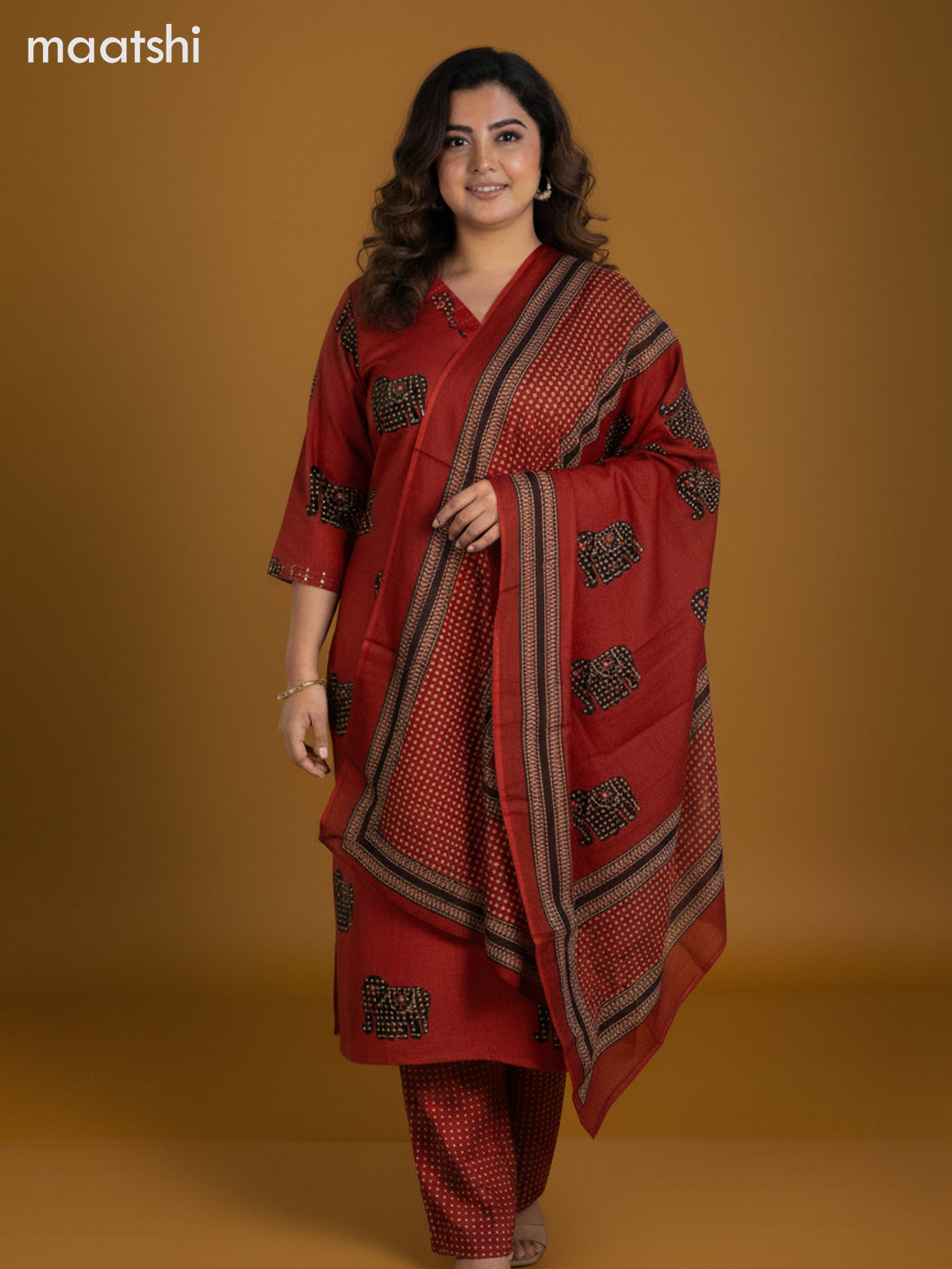 Rustic Maroon and Black Cotton Elephant Butta Printed Straight Suit