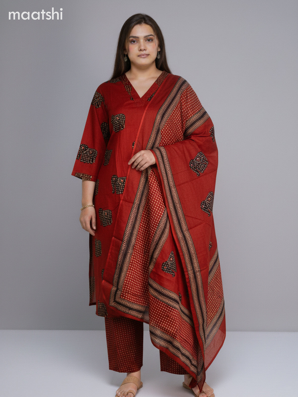 Rustic Maroon and Black Cotton Elephant Butta Printed Straight Suit