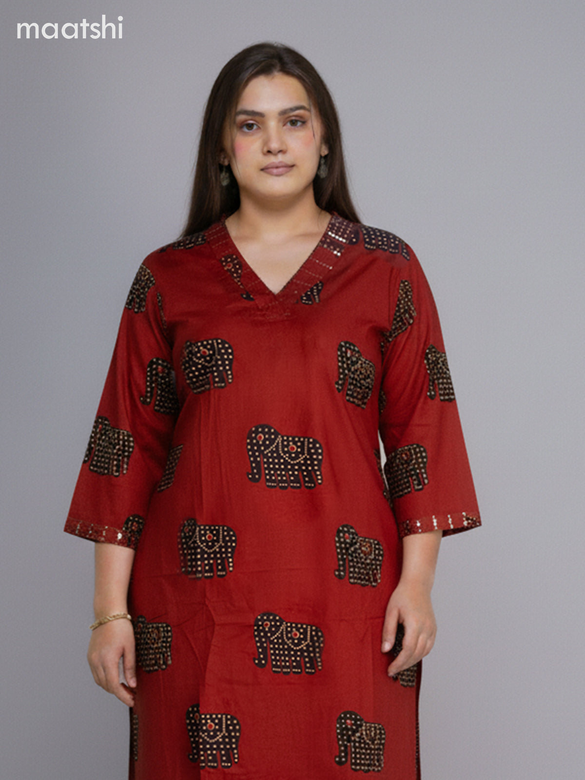 Rustic Maroon and Black Cotton Elephant Butta Printed Straight Suit