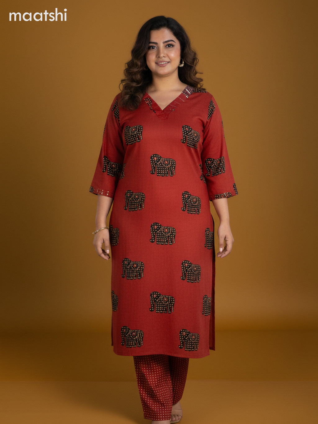 Rustic Maroon and Black Cotton Elephant Butta Printed Straight Suit