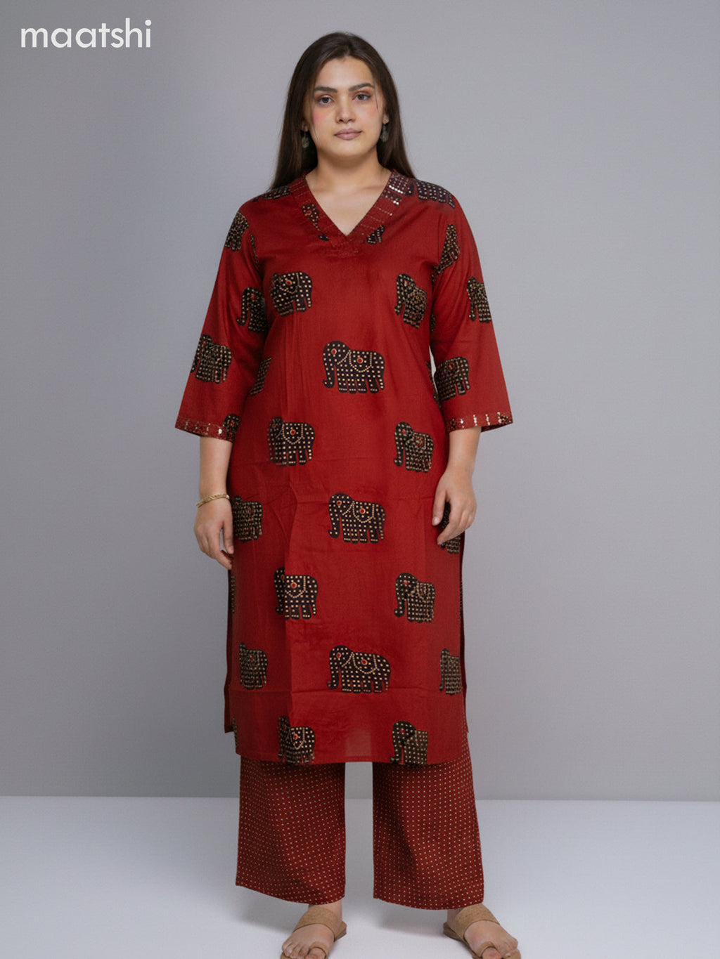 Rustic Maroon and Black Cotton Elephant Butta Printed Straight Suit