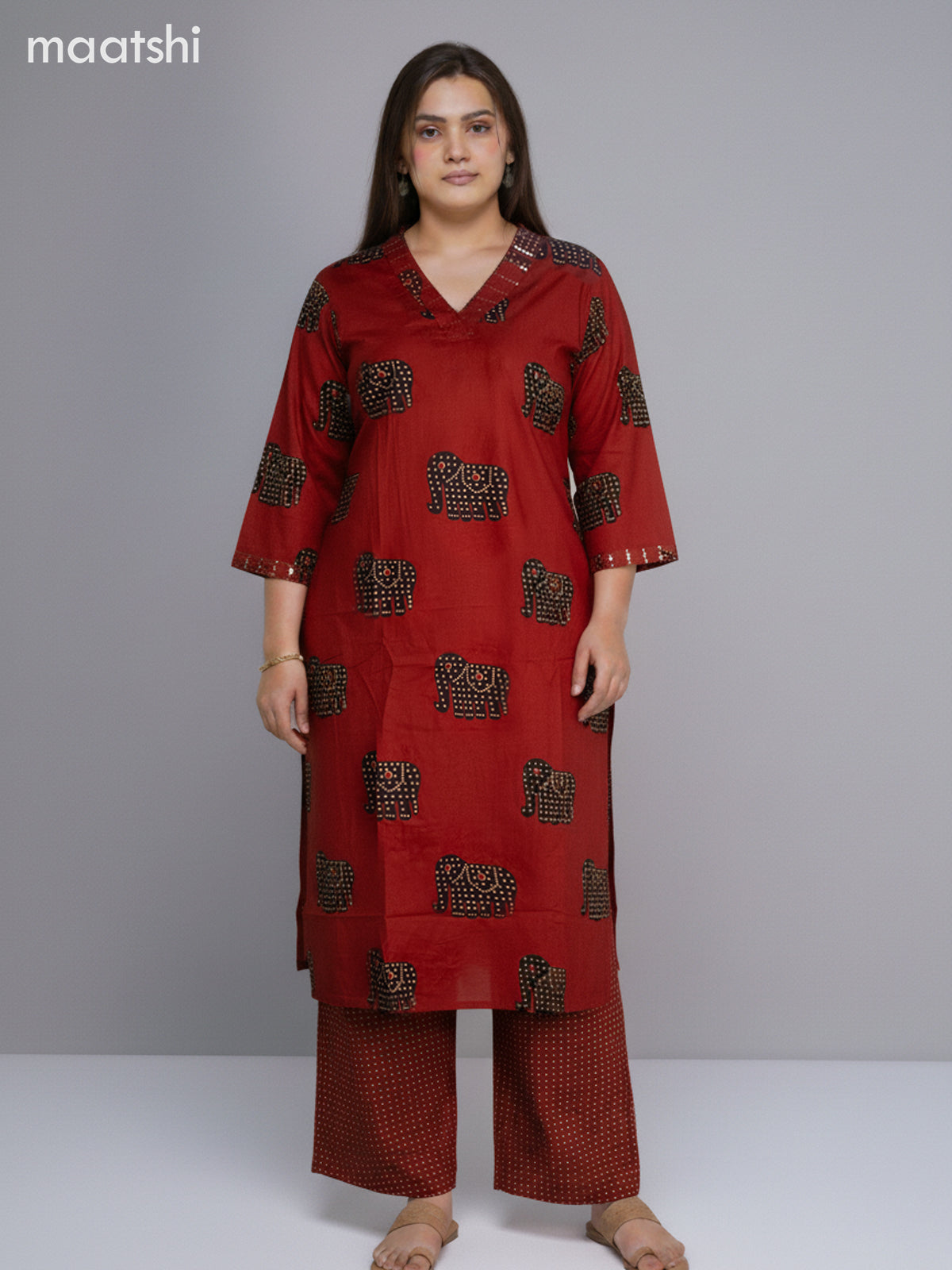 Rustic Maroon and Black Cotton Elephant Butta Printed Straight Suit