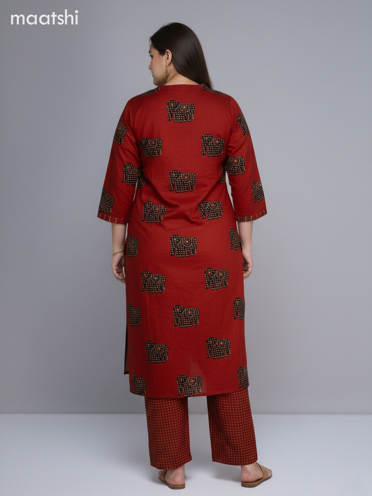 Rustic Maroon and Black Cotton Elephant Butta Printed Straight Suit