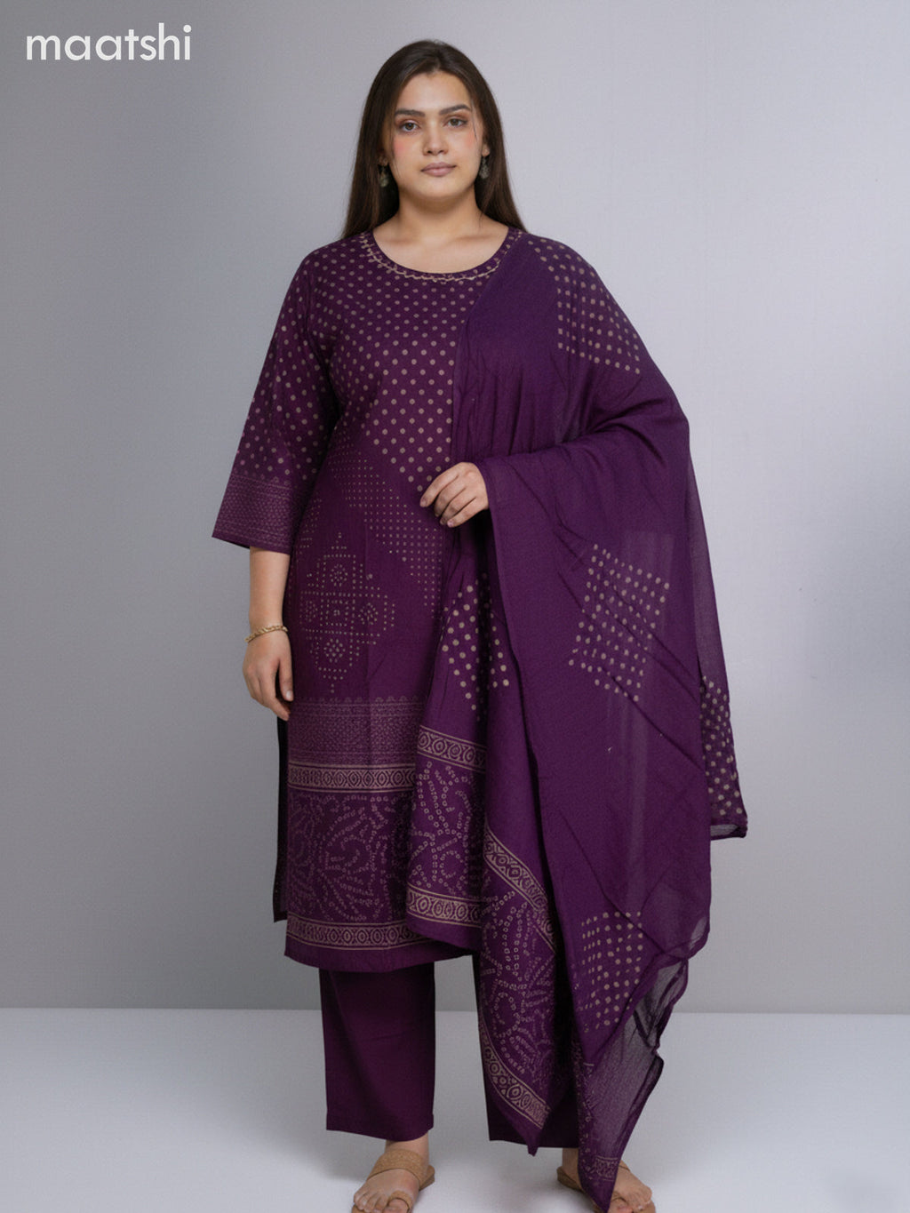Purple Cotton Printed Straight Suit