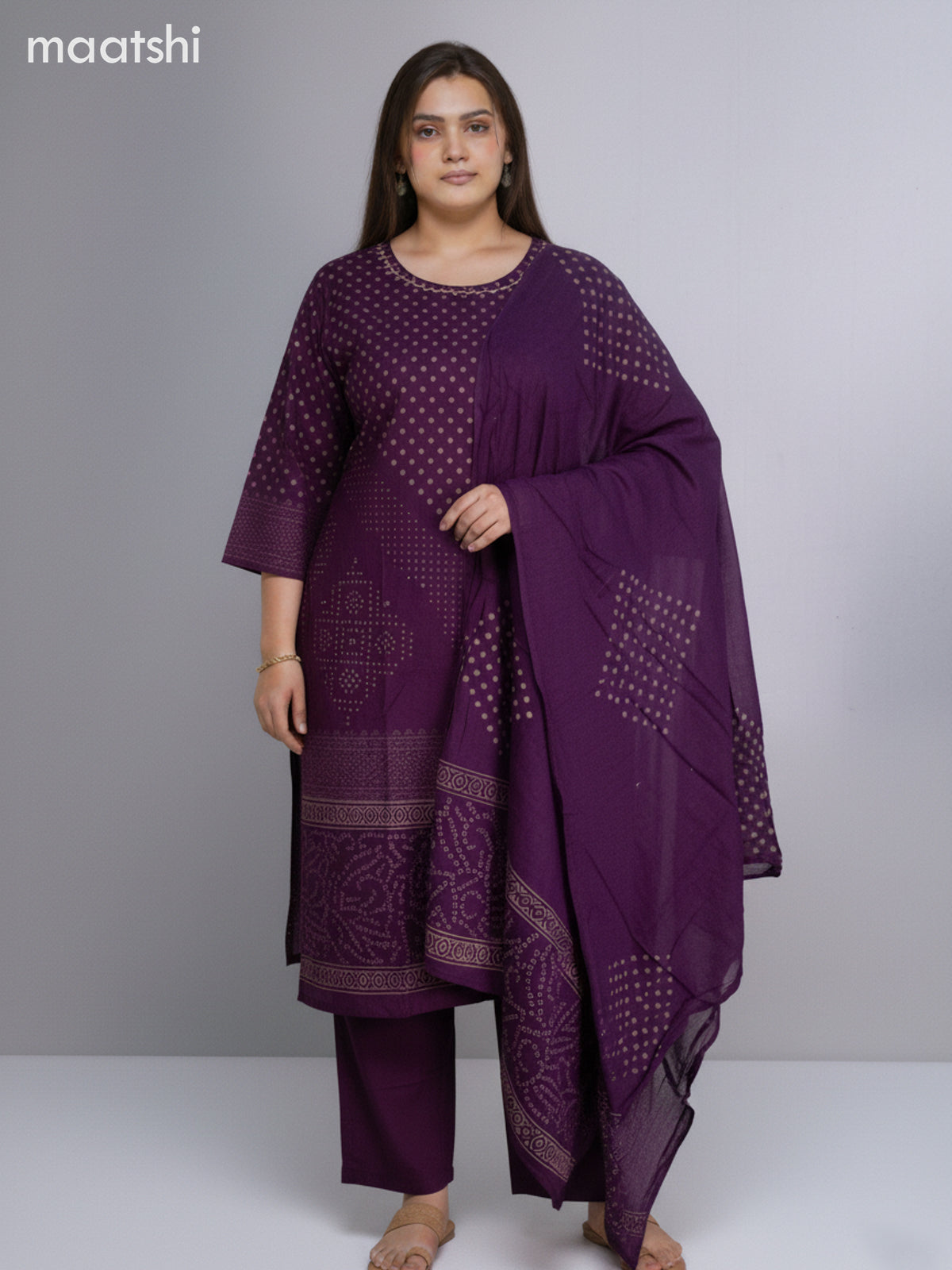 Purple Cotton Printed Straight Suit