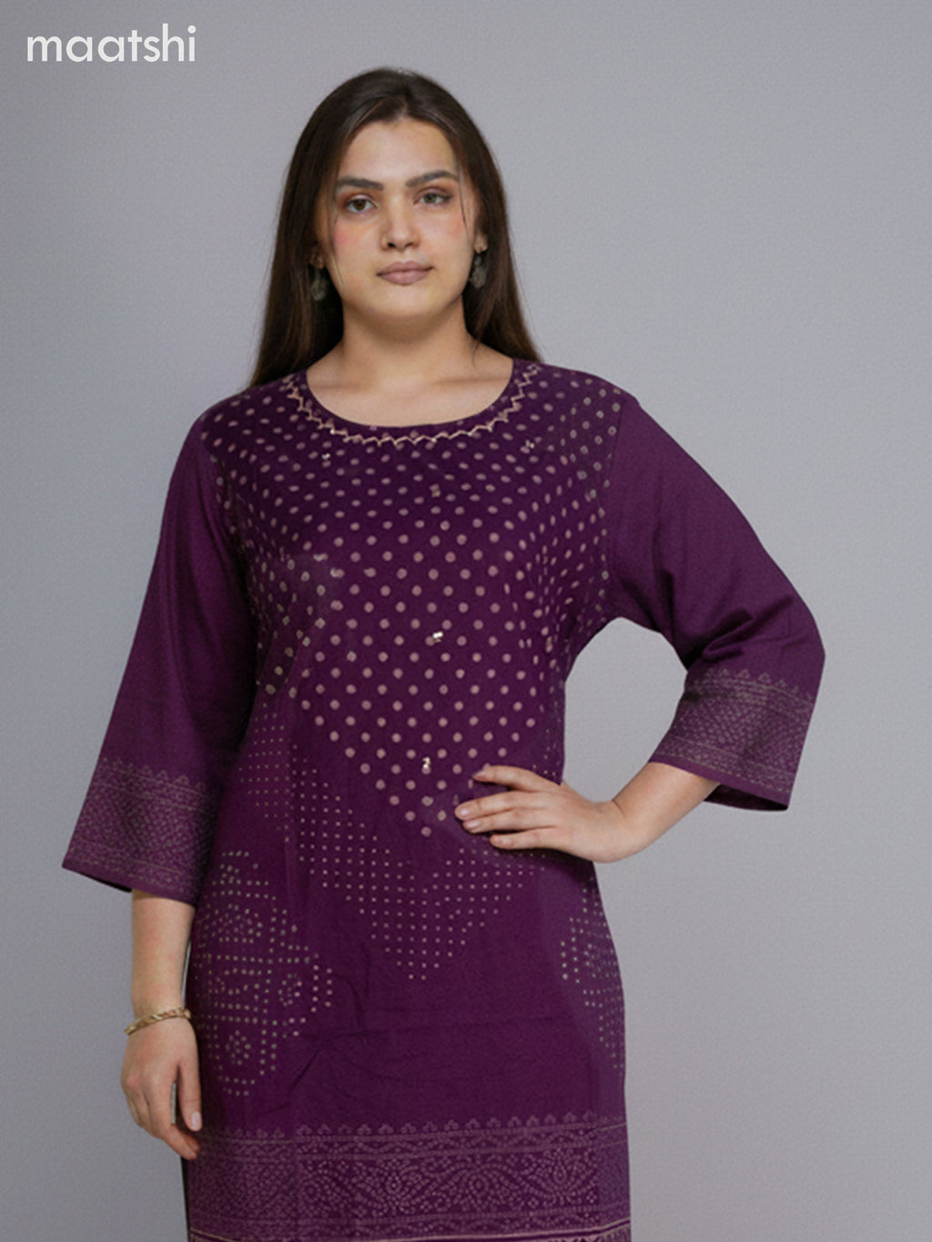 Purple Cotton Printed Straight Suit