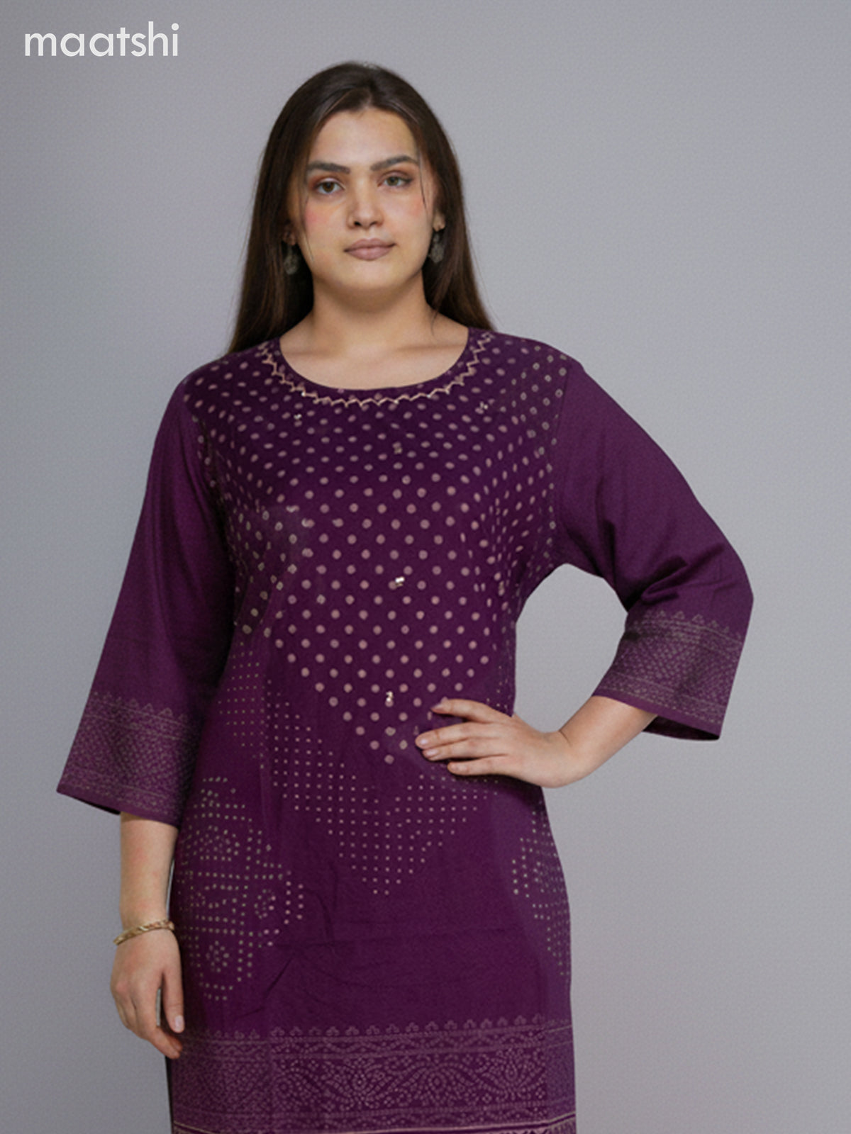 Purple Cotton Printed Straight Suit