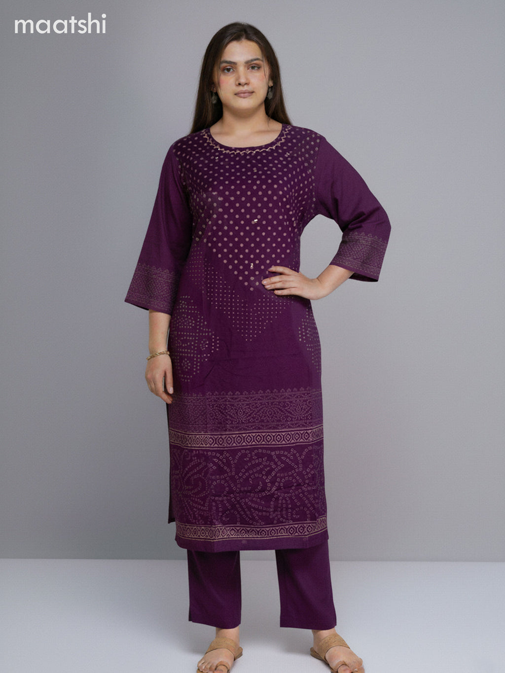 Purple Cotton Printed Straight Suit