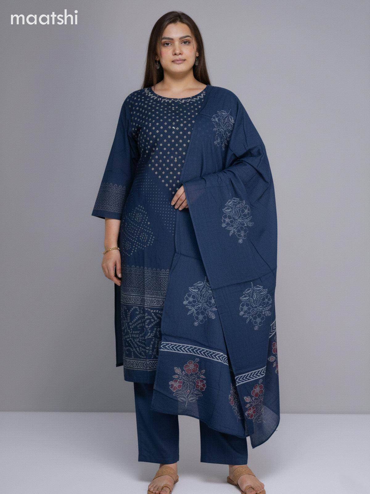 Peacock Blue Cotton Printed Straight Suit