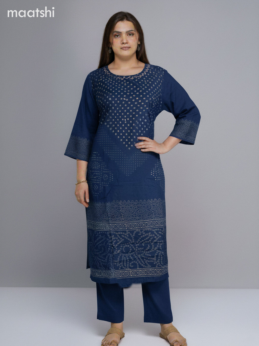 Peacock Blue Cotton Printed Straight Suit