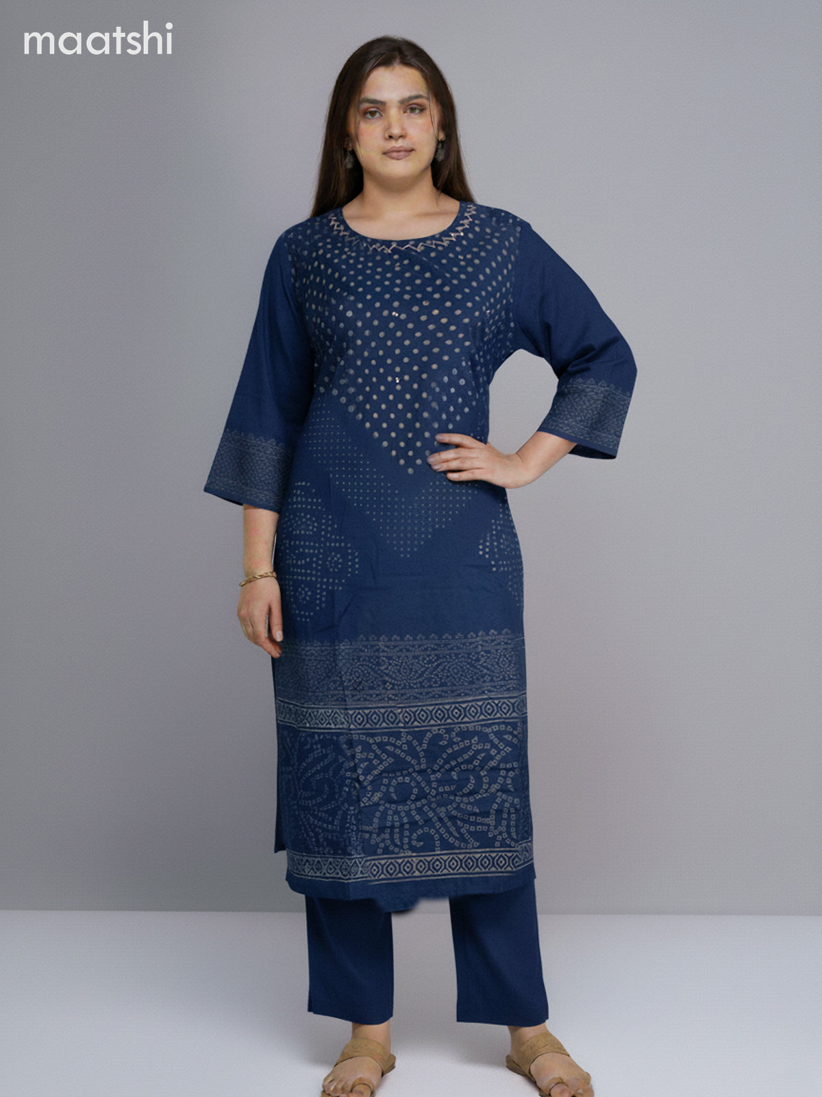 Peacock Blue Cotton Printed Straight Suit