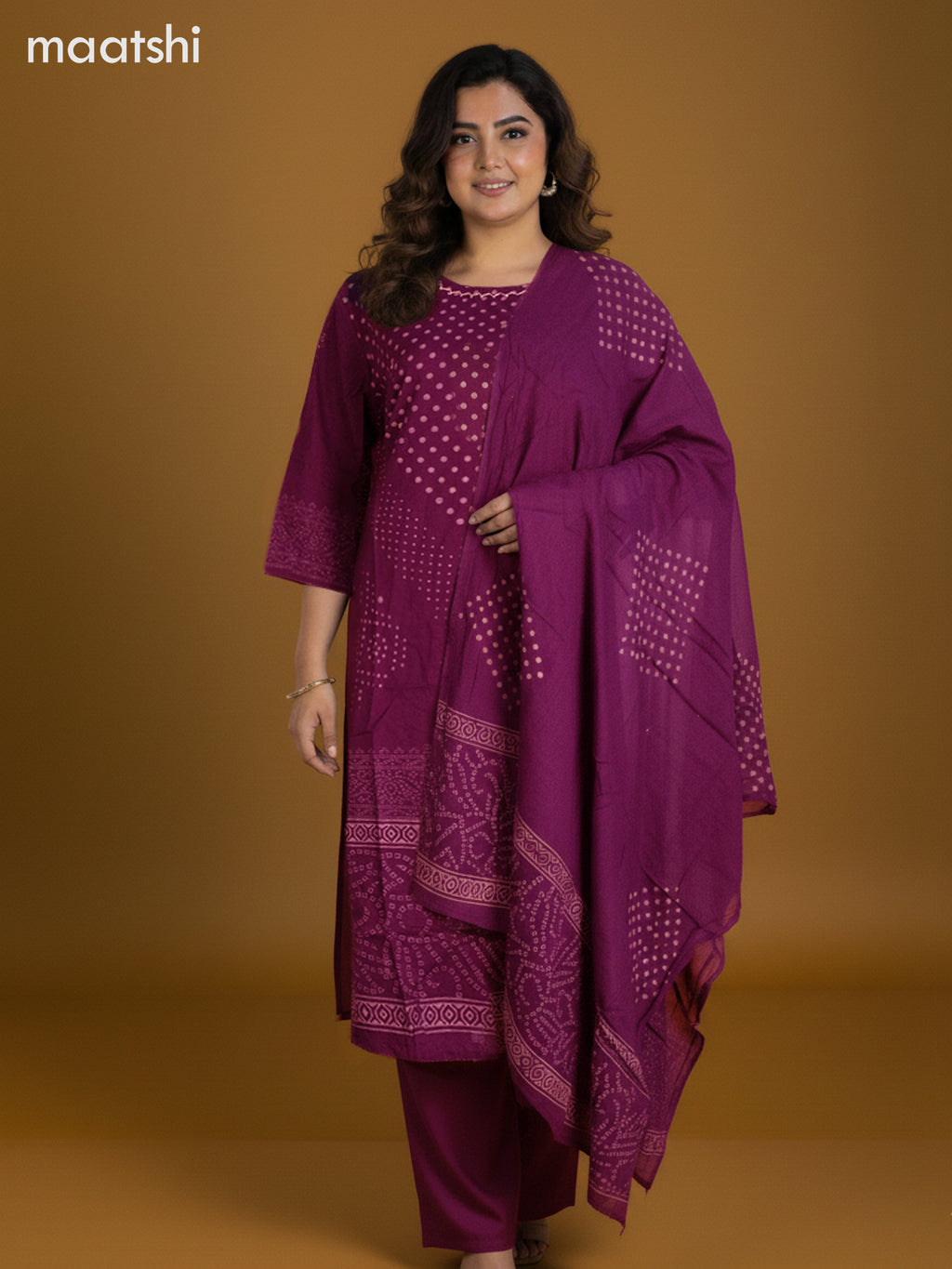 Magenta Pink and Cotton Printed Straight Suit