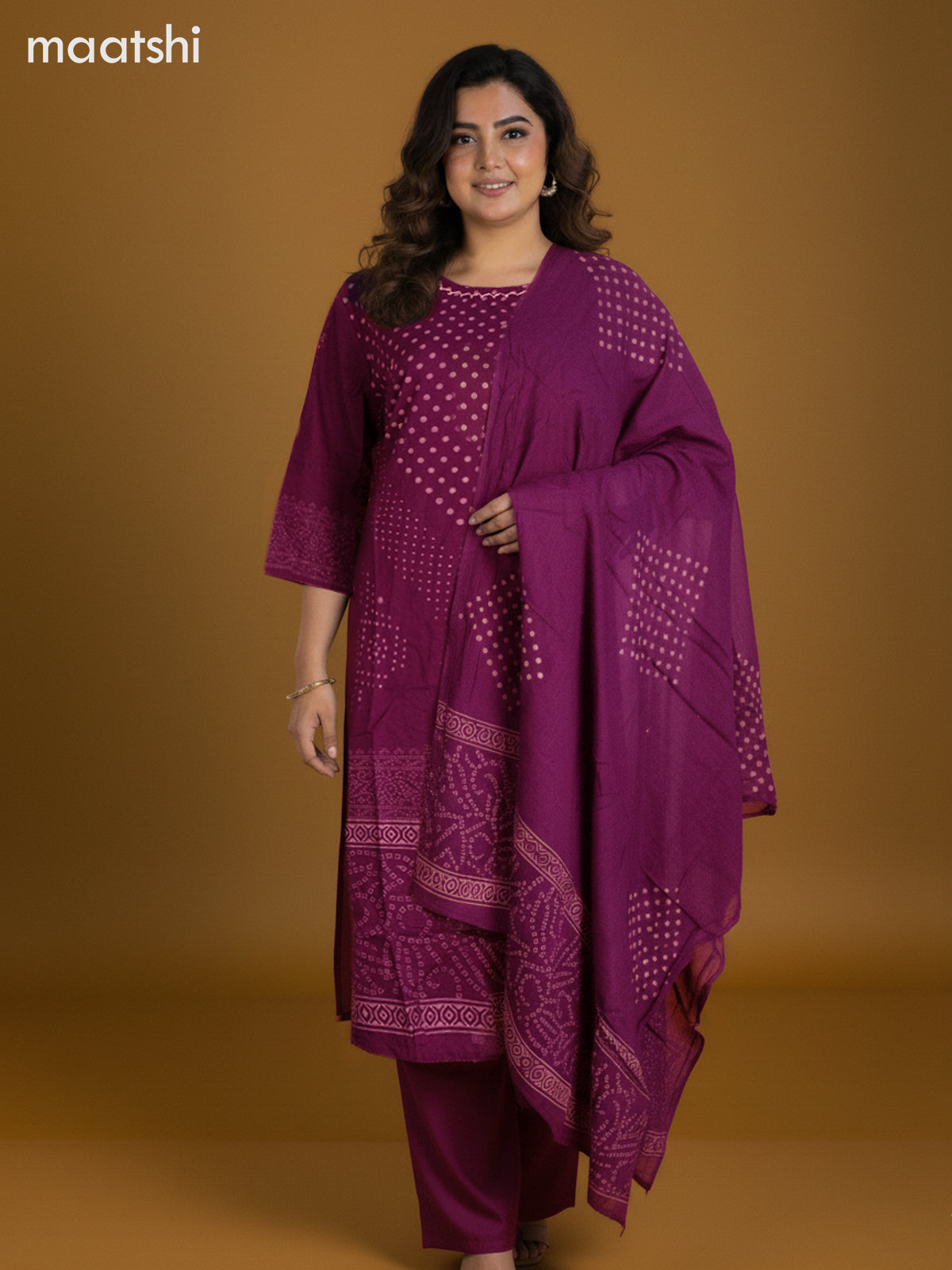 Magenta Pink and Cotton Printed Straight Suit