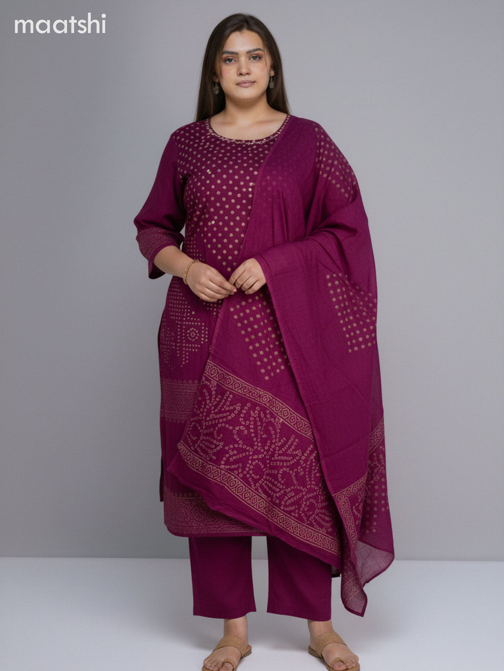 Magenta Pink and Cotton Printed Straight Suit