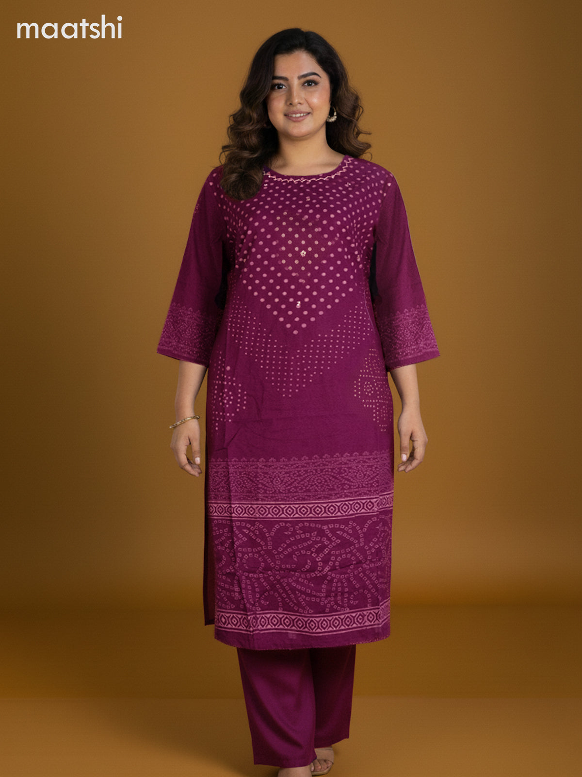 Magenta Pink and Cotton Printed Straight Suit