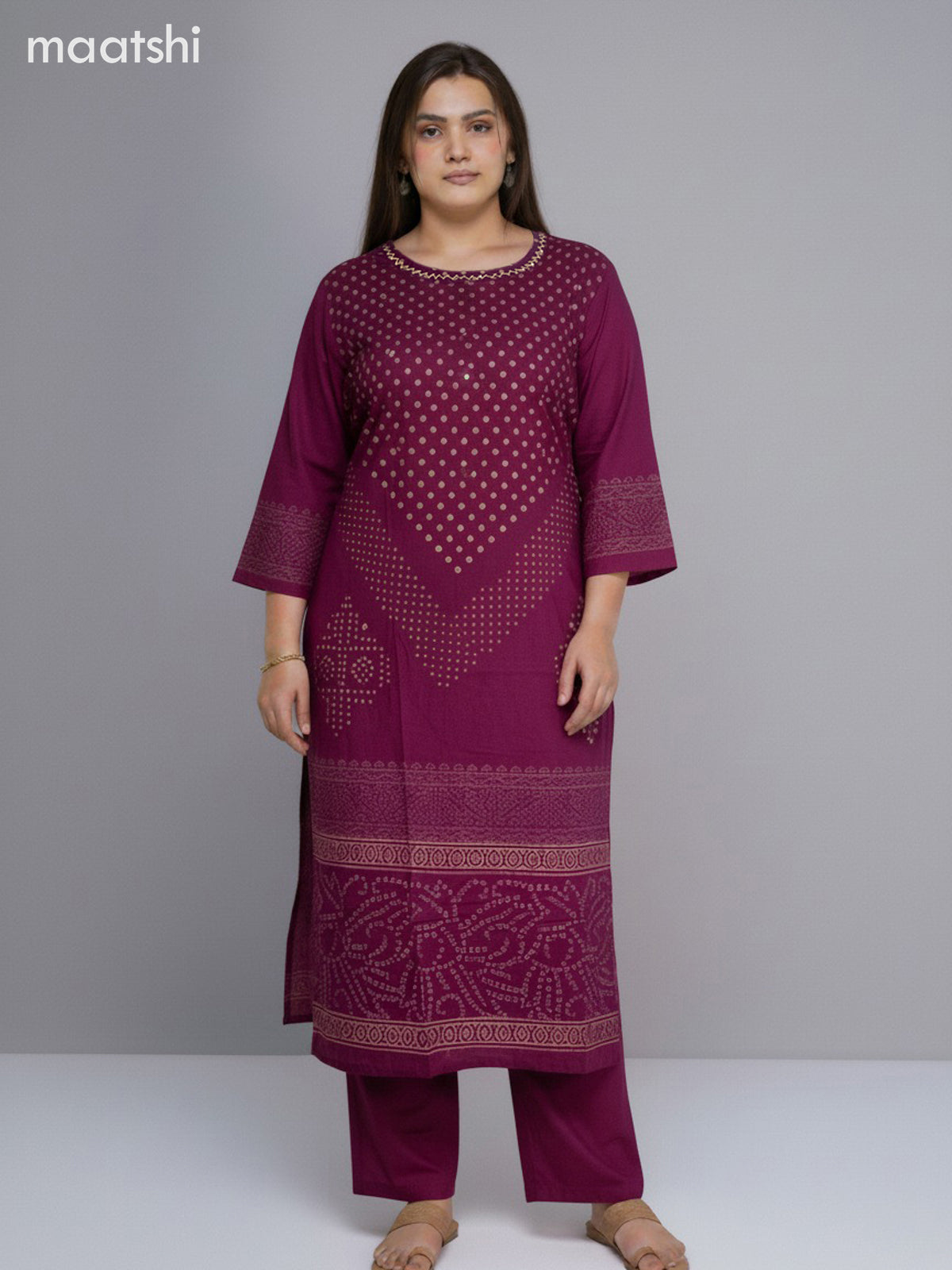 Magenta Pink and Cotton Printed Straight Suit