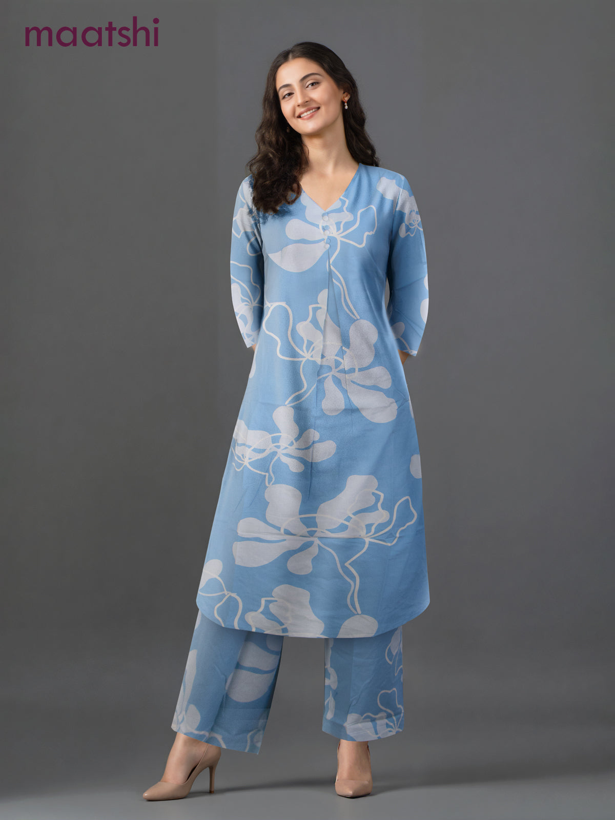 Cotton co-ord set pastel blue with allover prints & simple v neck pattern and palazzo pant