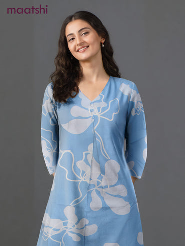 Cotton co-ord set pastel blue with allover prints & simple v neck pattern and palazzo pant