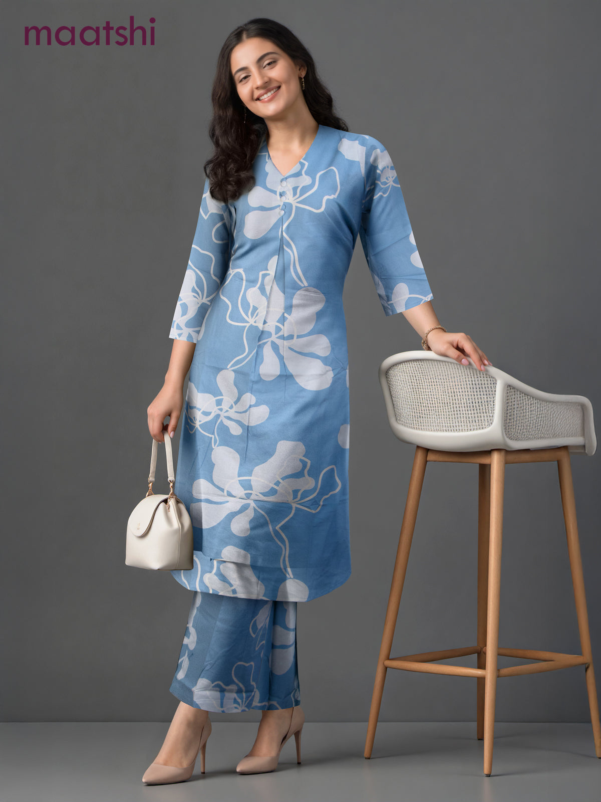 Cotton co-ord set pastel blue with allover prints & simple v neck pattern and palazzo pant