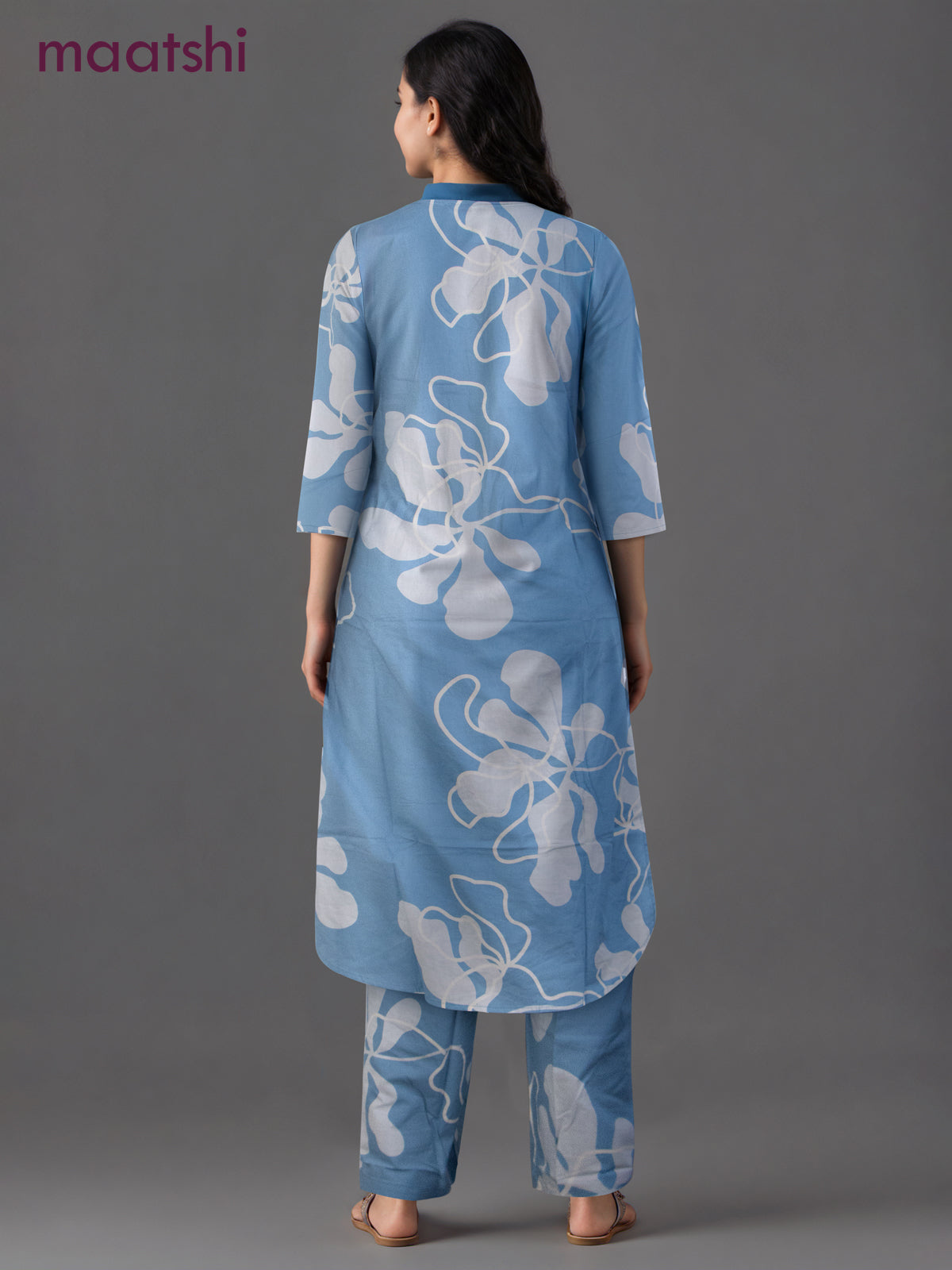 Cotton co-ord set pastel blue with allover prints & simple v neck pattern and palazzo pant