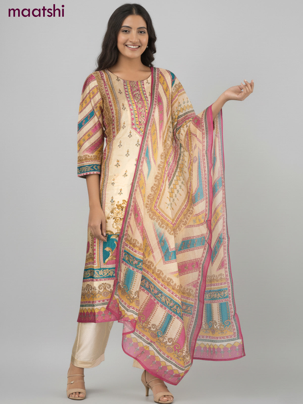 Muslin salwar suit pale yellow with allover prints & mirror zardosi work neck pattern and straight cut pant & dupatta