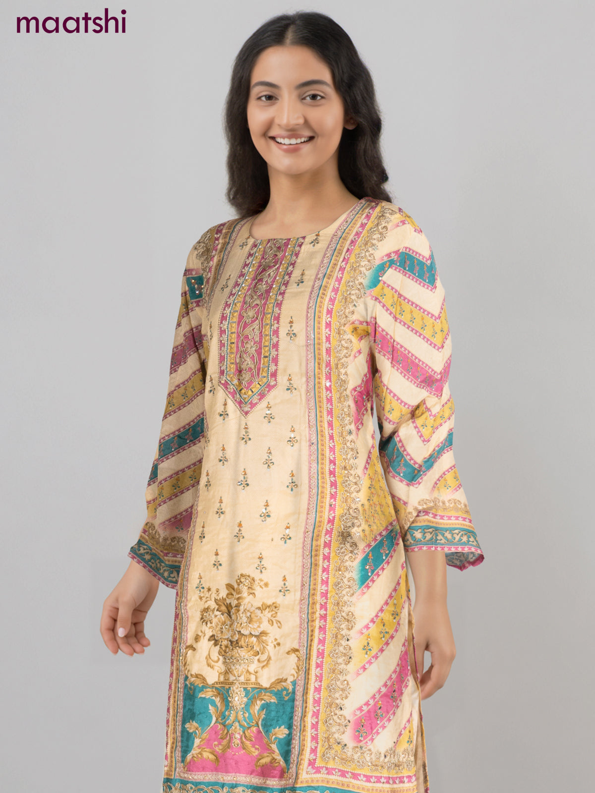 Muslin salwar suit pale yellow with allover prints & mirror zardosi work neck pattern and straight cut pant & dupatta