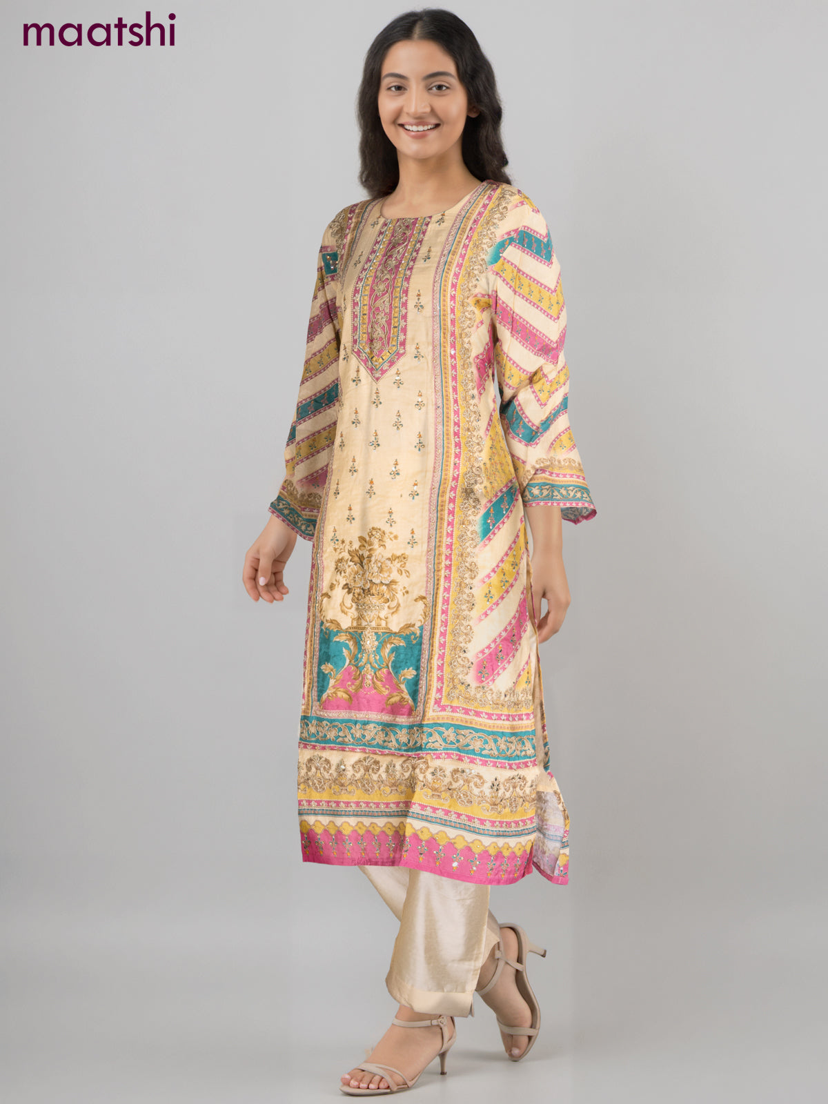 Muslin salwar suit pale yellow with allover prints & mirror zardosi work neck pattern and straight cut pant & dupatta
