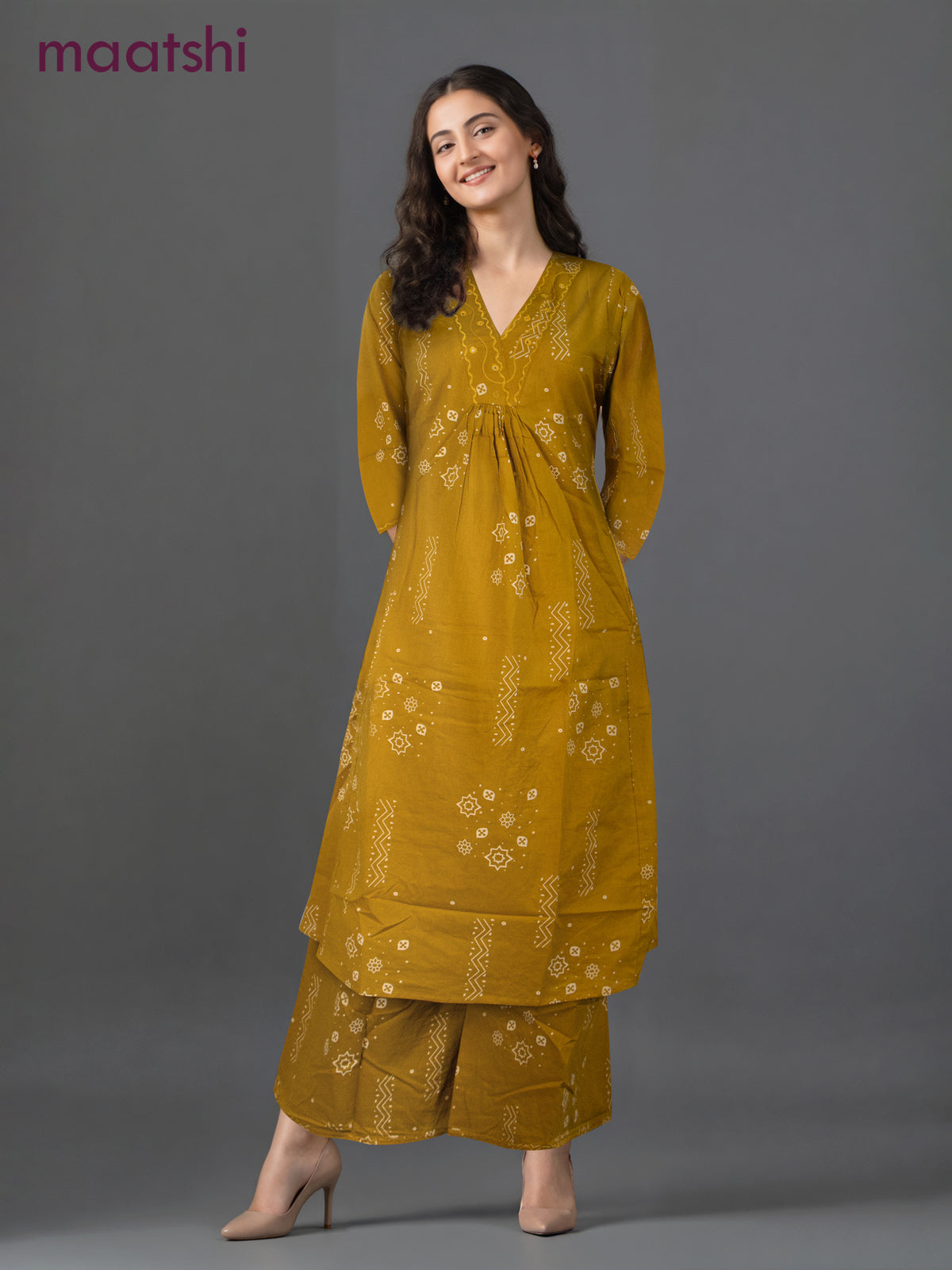 Cotton co-ord set mustard yellow with prints & embroidery mirror work v neck pattern and palazzo pant