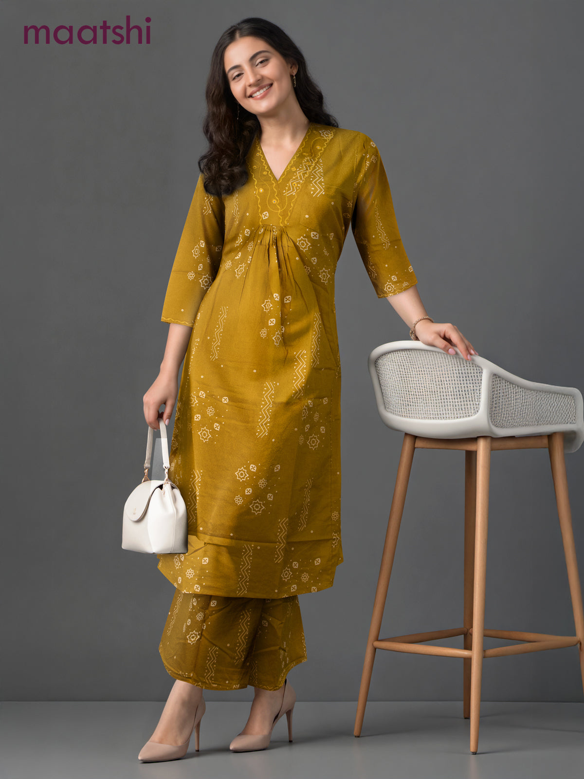 Cotton co-ord set mustard yellow with prints & embroidery mirror work v neck pattern and palazzo pant