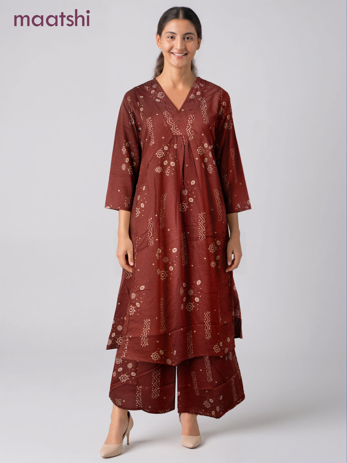 Cotton co-ord set rustic maroon with prints & embroidery mirror work v neck pattern and palazzo pant