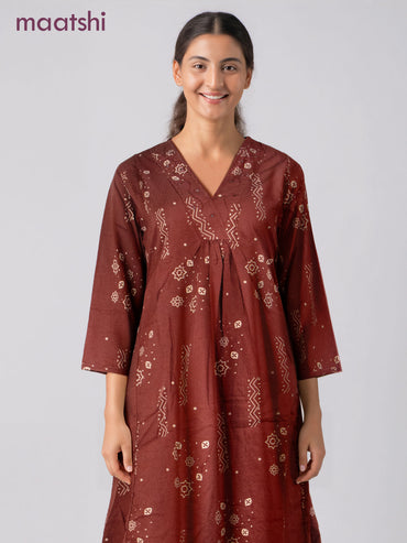 Cotton co-ord set rustic maroon with prints & embroidery mirror work v neck pattern and palazzo pant