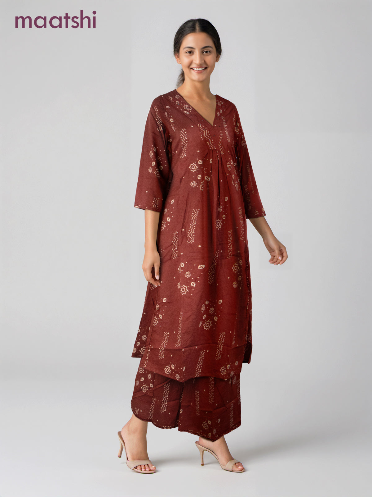 Cotton co-ord set rustic maroon with prints & embroidery mirror work v neck pattern and palazzo pant